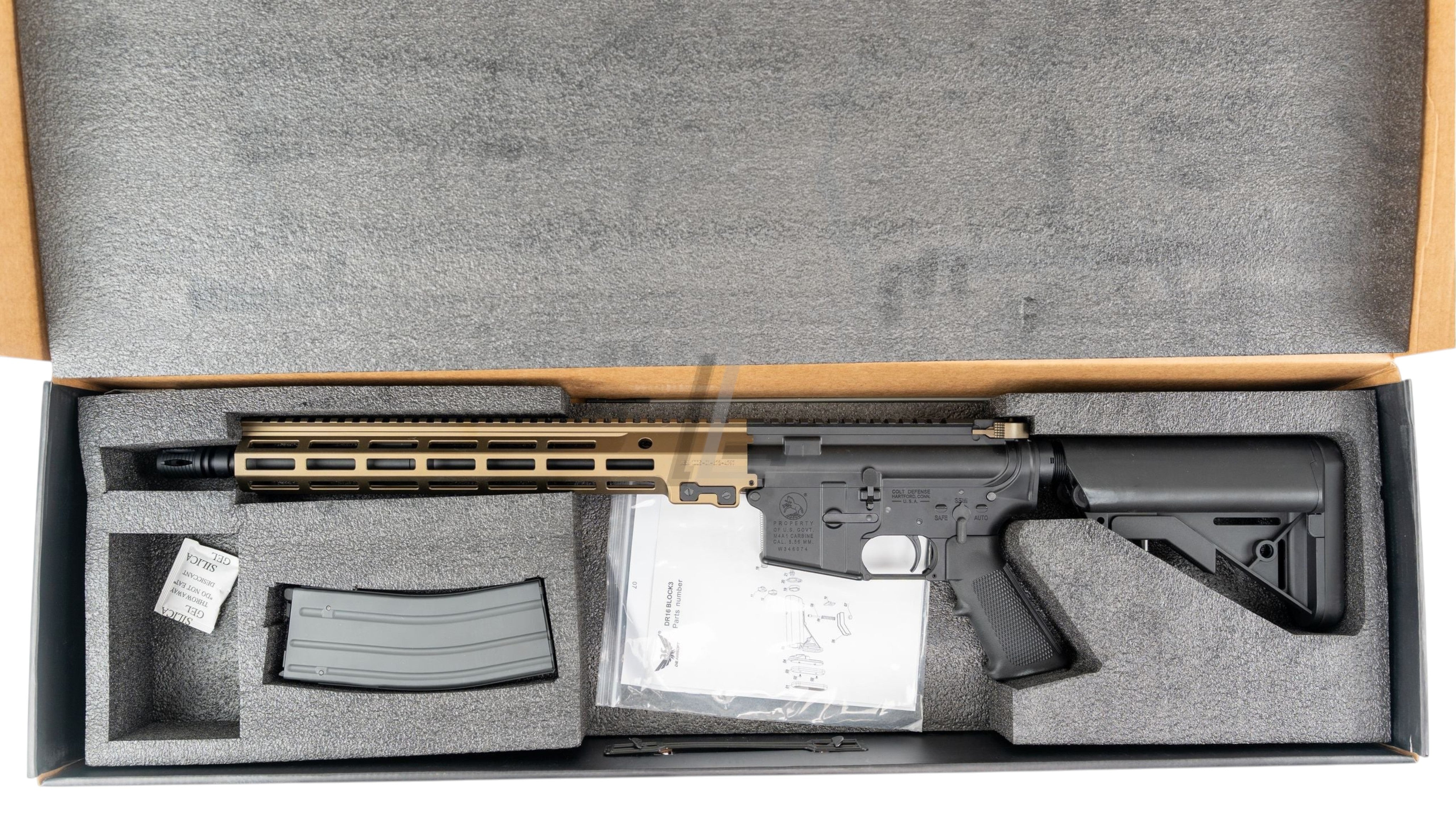 Landing Zone Salvo Precision Geissele URGI 14.5 inch MWS GBB airsoft rifle in a foam-lined storage box