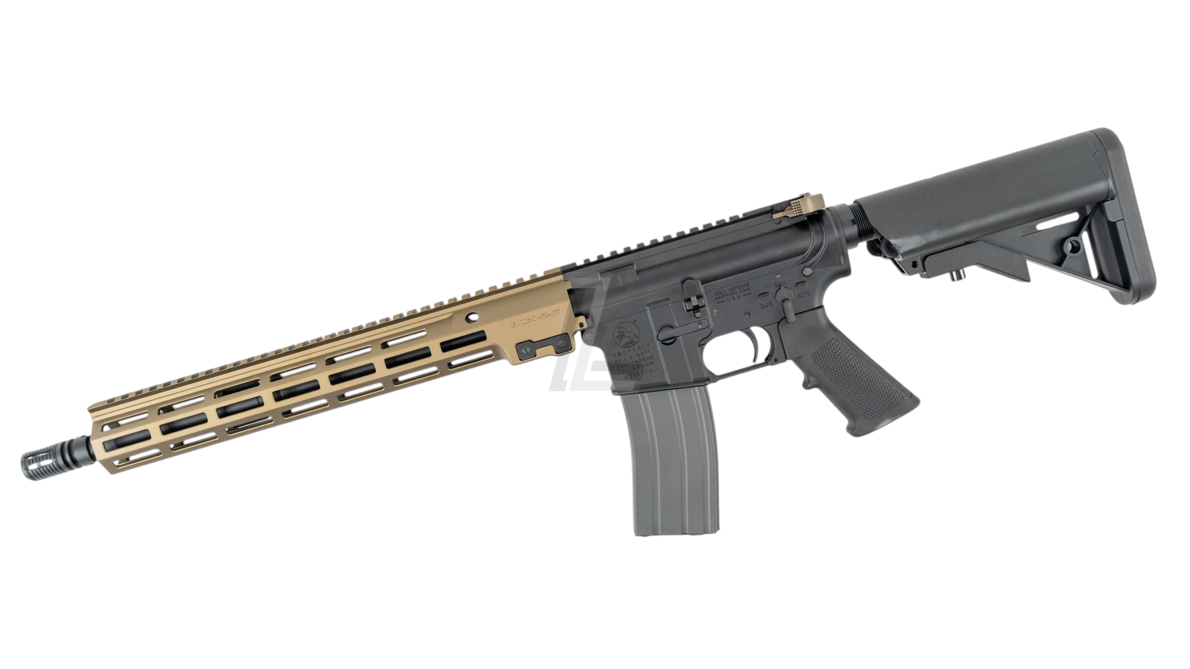 Landing Zone SALVO PRECISION Geissele URGI 14.5 inch MWS GBB airsoft rifle with tan handguard and black receiver
