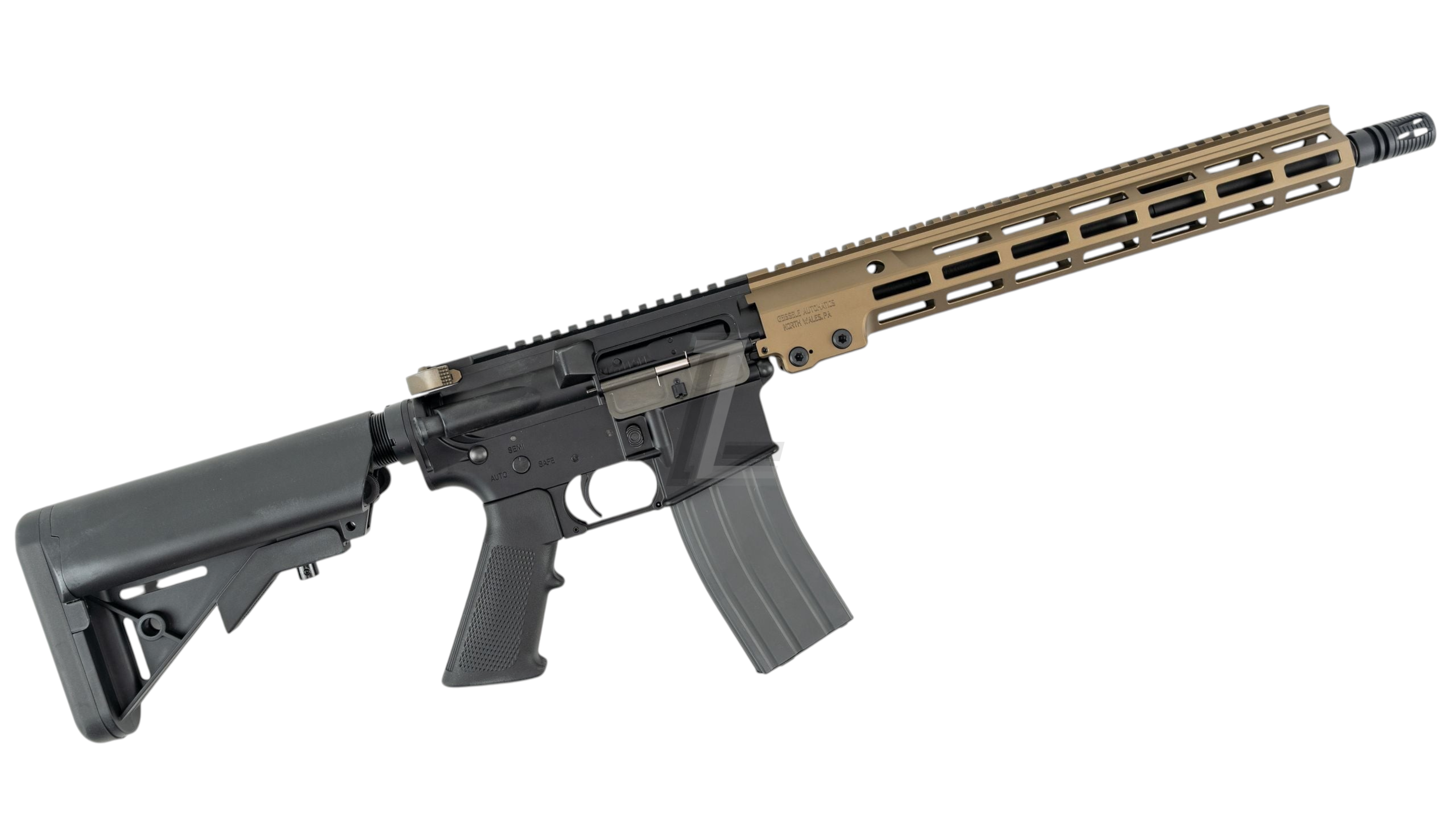 Landing Zone SALVO PRECISION Geissele URGI USASOC 14.5 inch MWS GBB airsoft rifle with tan handguard and black body.
