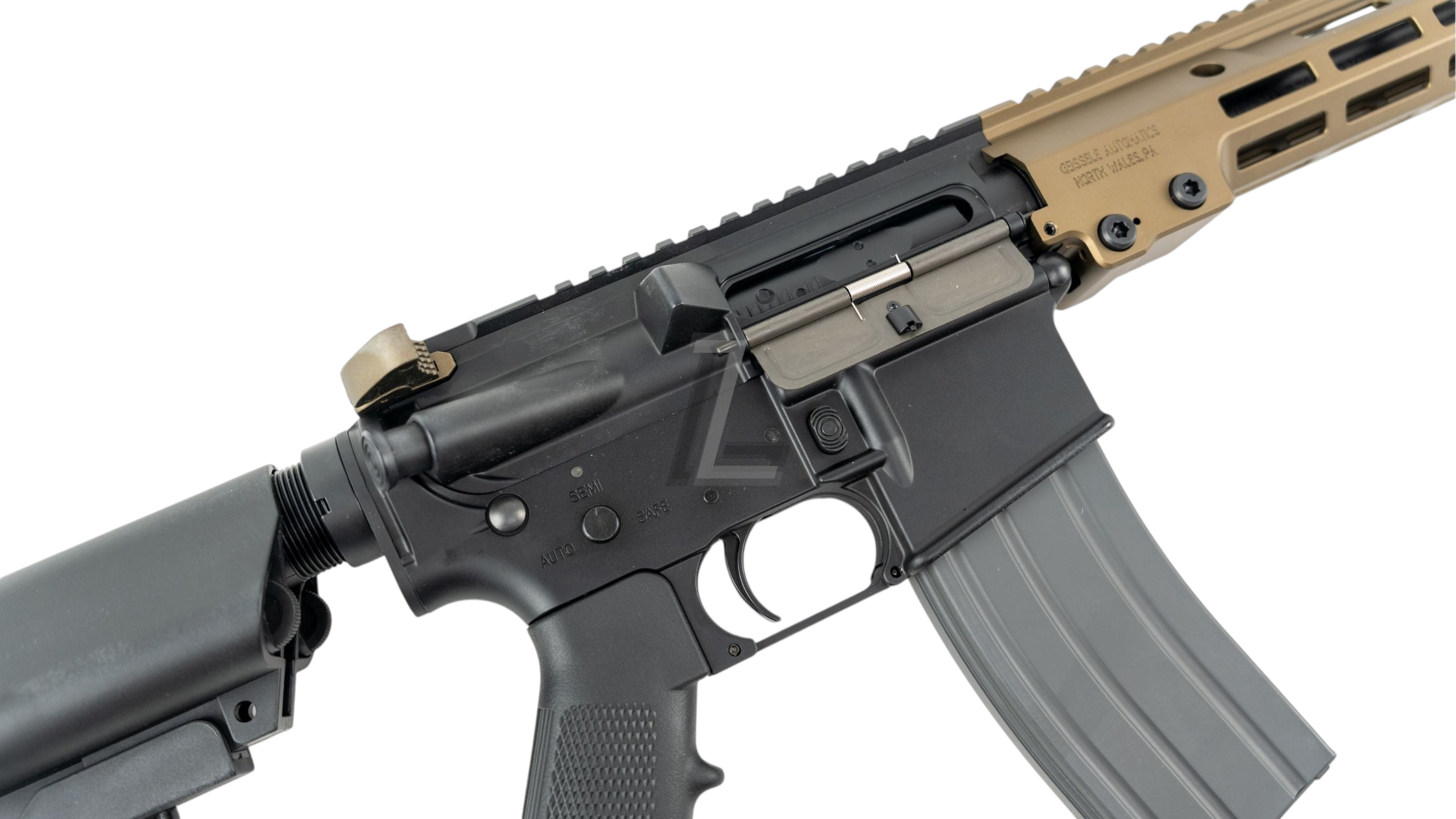 Landing Zone SALVO PRECISION Geissele URGI 14.5 inch MWS GBB airsoft rifle with black receiver and tan handguard