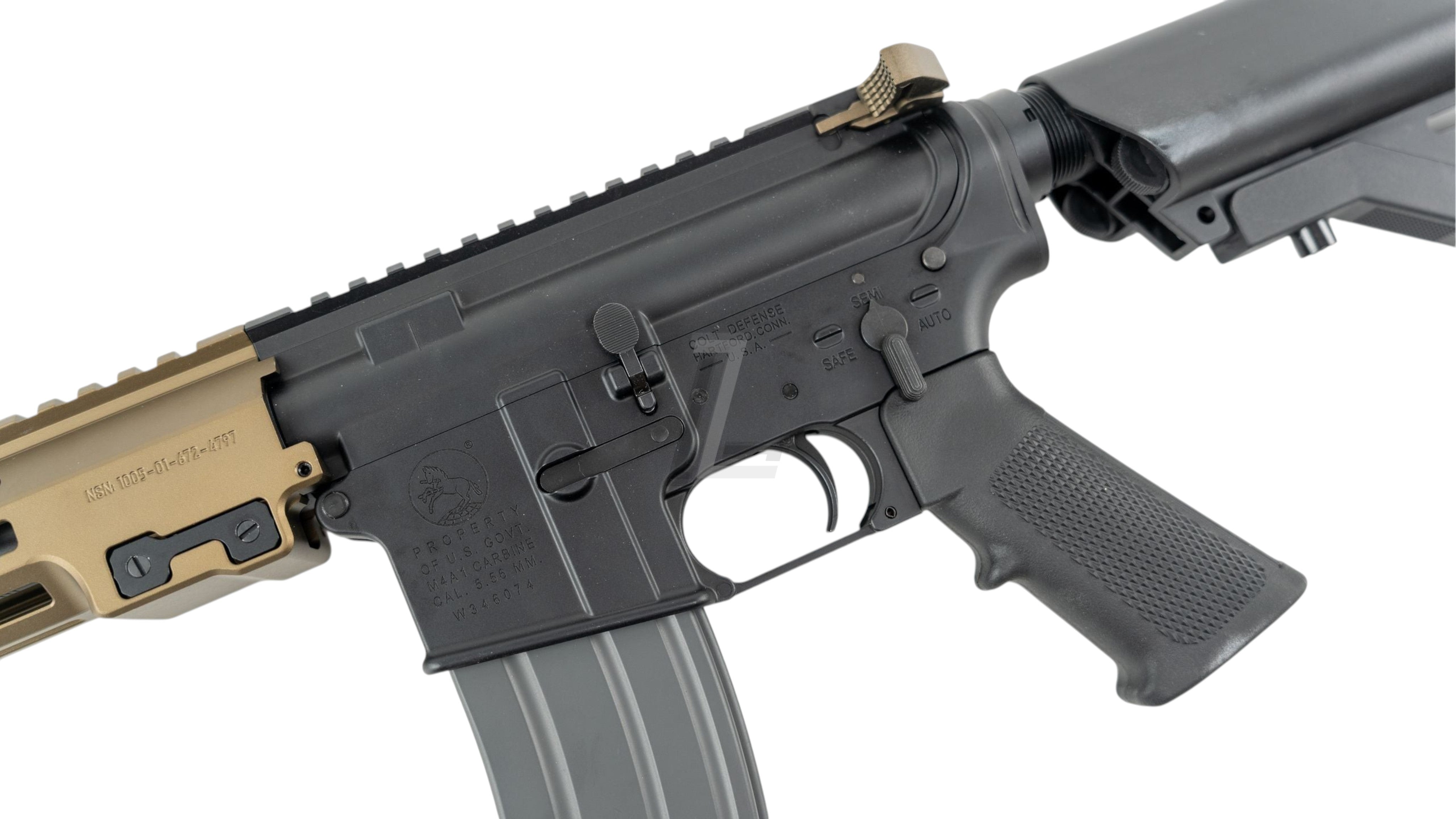 Landing Zone SALVO PRECISION Geissele URGI USASOC airsoft rifle receiver with black finish and tan handguard