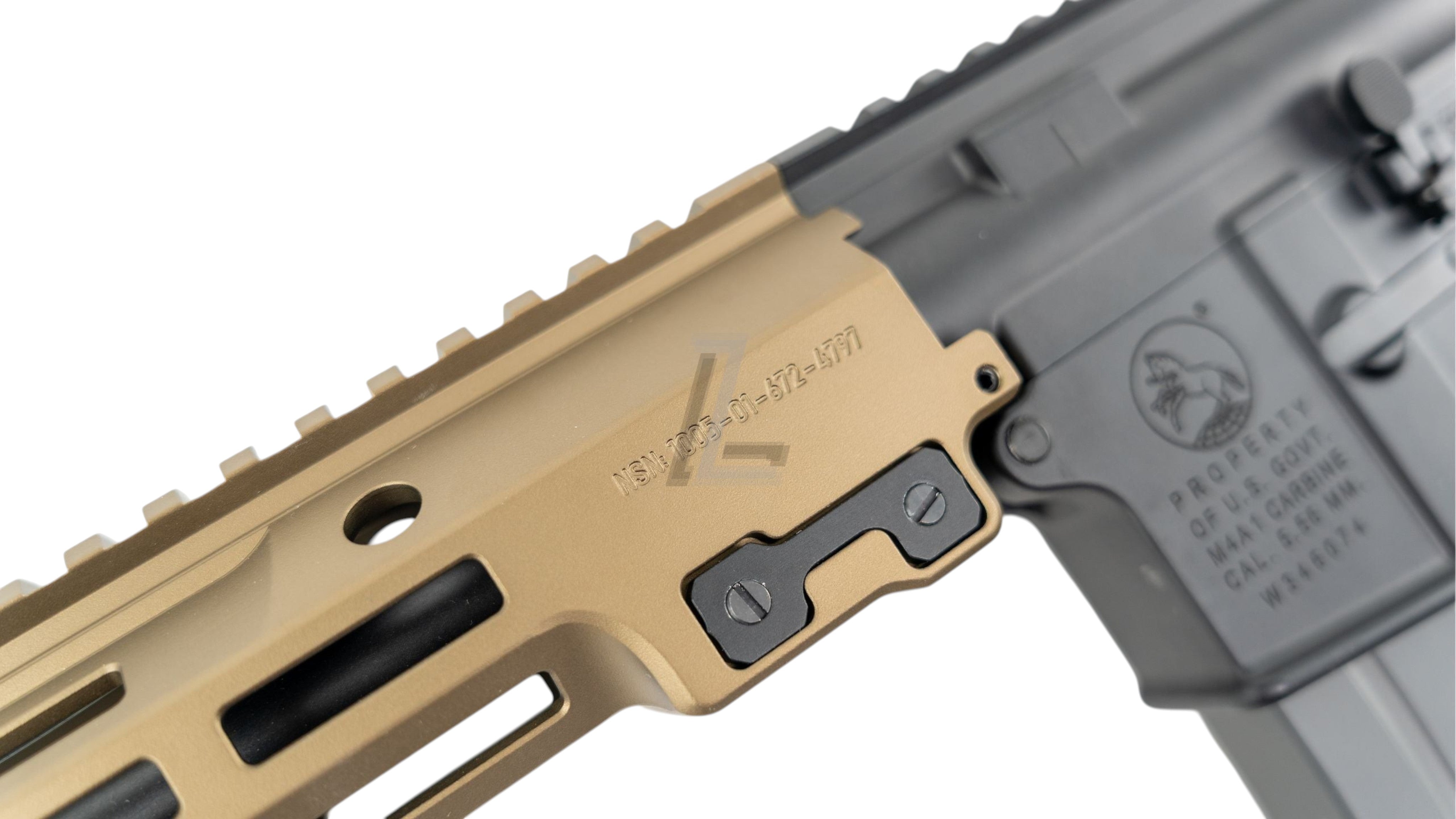 Landing Zone SALVO PRECISION Geissele URGI USASOC airsoft rifle featuring a tan SMR rail and black receiver