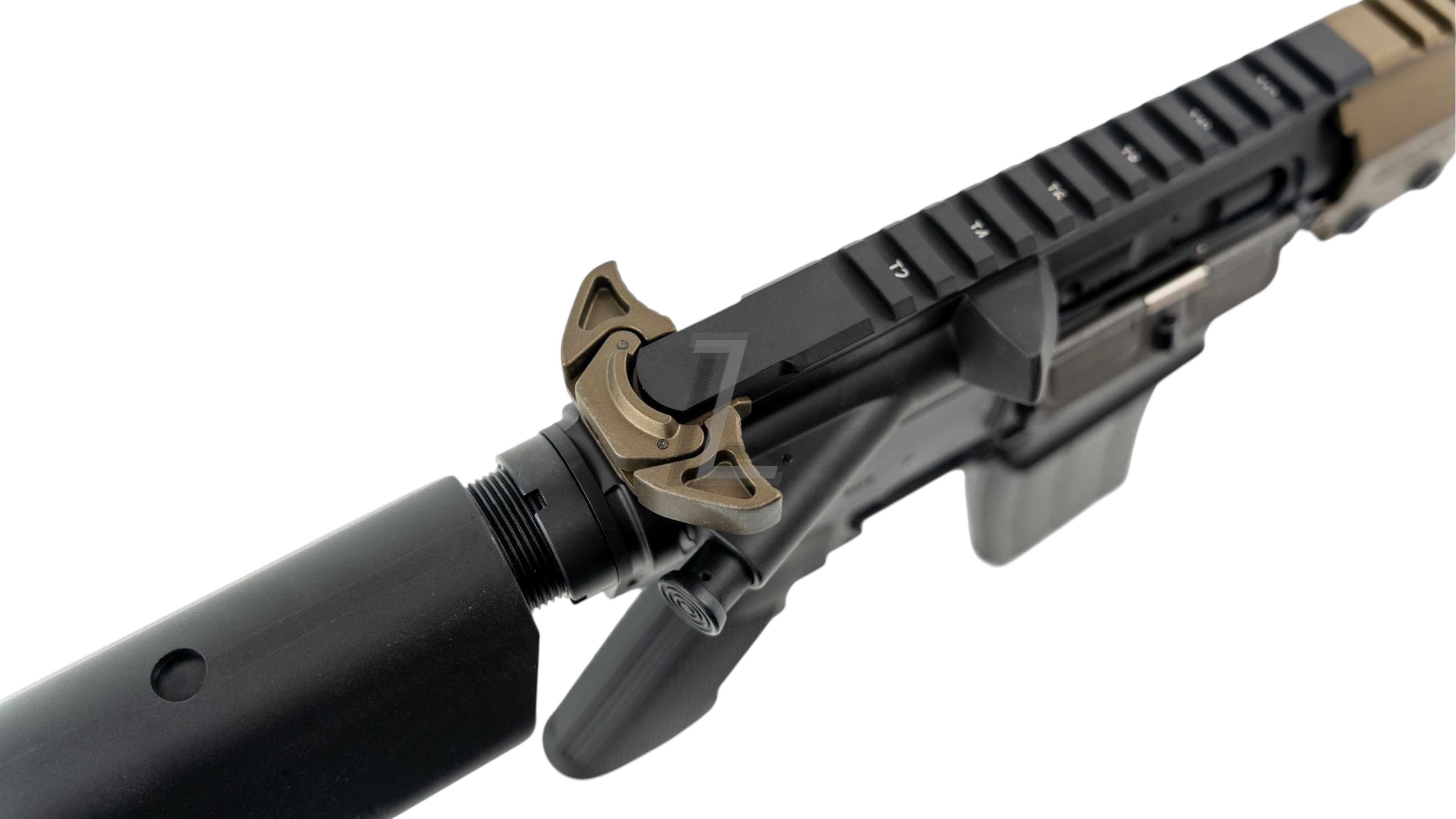Landing Zone SALVO PRECISION Geissele URGI airsoft rifle charging handle detail in matte black and bronze finish