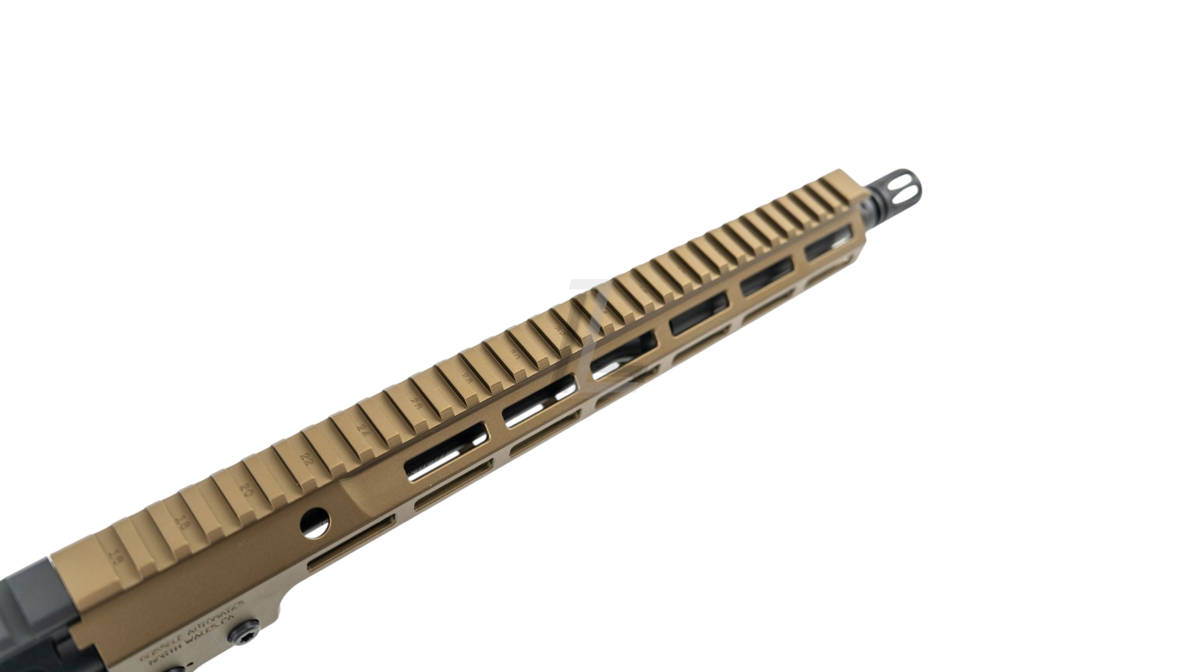 Landing Zone SALVO PRECISION Geissele URGI 14.5 inch M-LOK rail handguard in tan finish for airsoft rifle