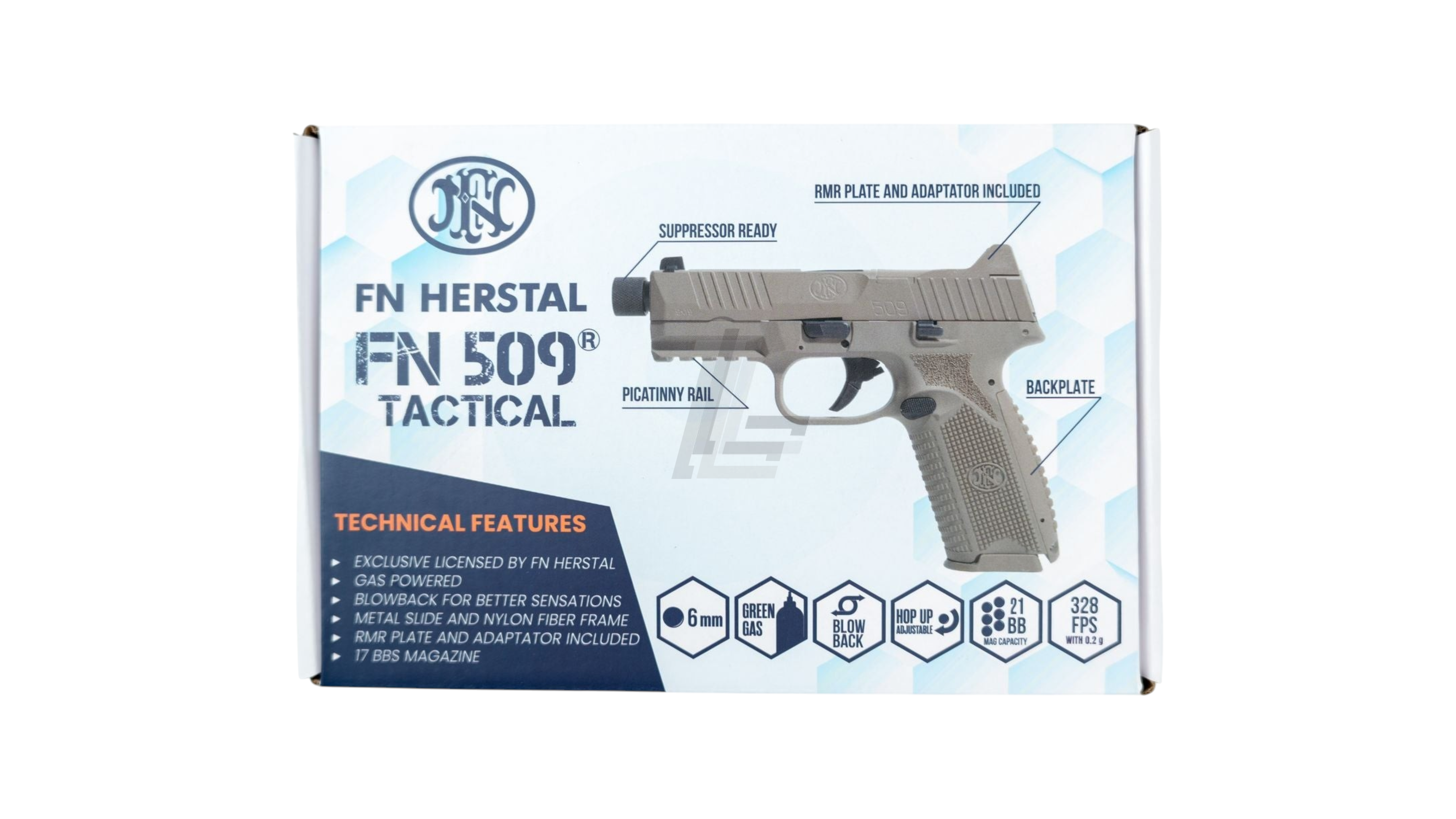 Landing Zone FN 509 tactical gas airsoft pistol packaging in dark earth with technical feature labels