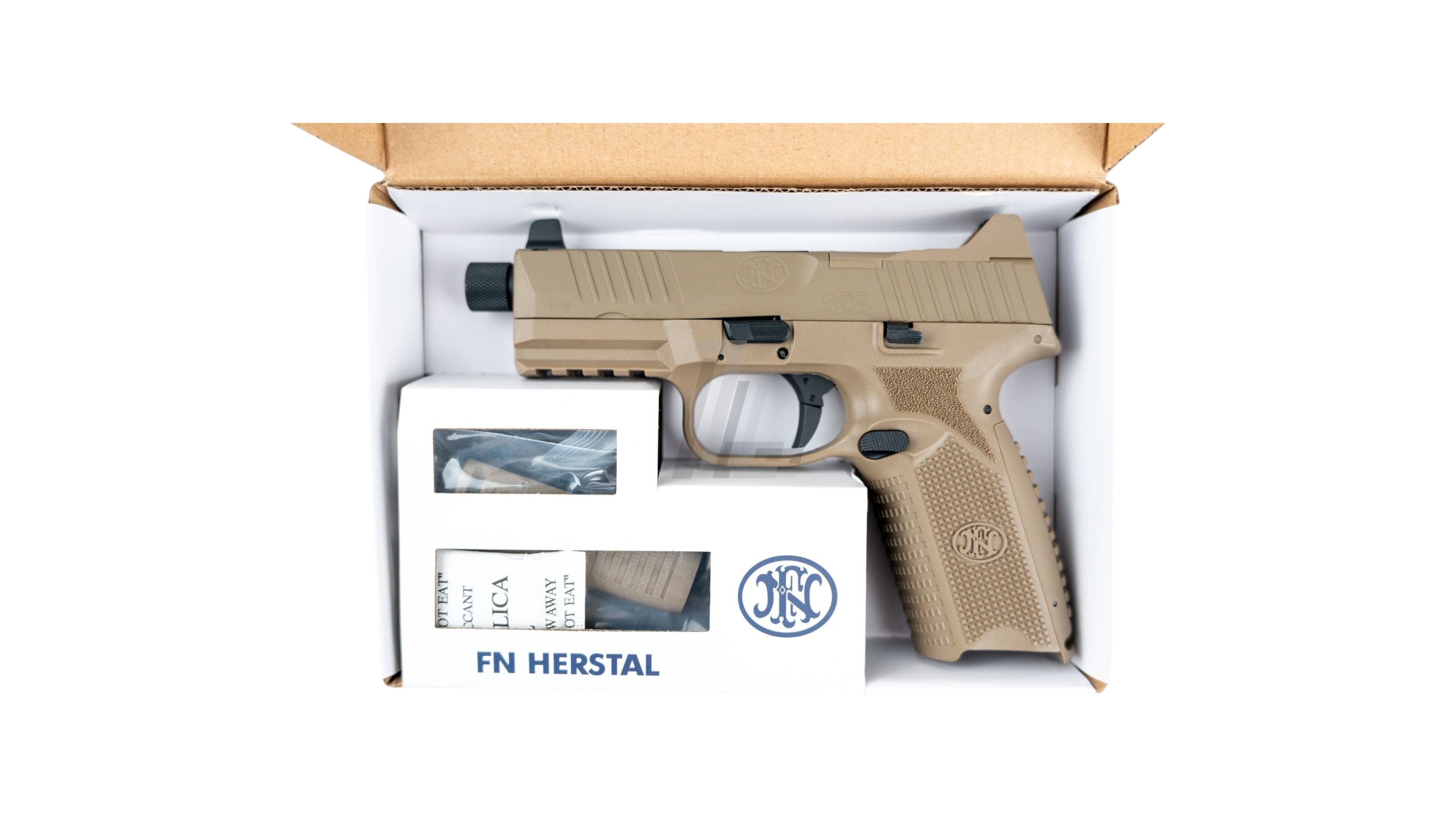 Landing Zone Double Eagle FN 509 gas airsoft pistol in dark earth with RMR-ready slide and suppressor height sights