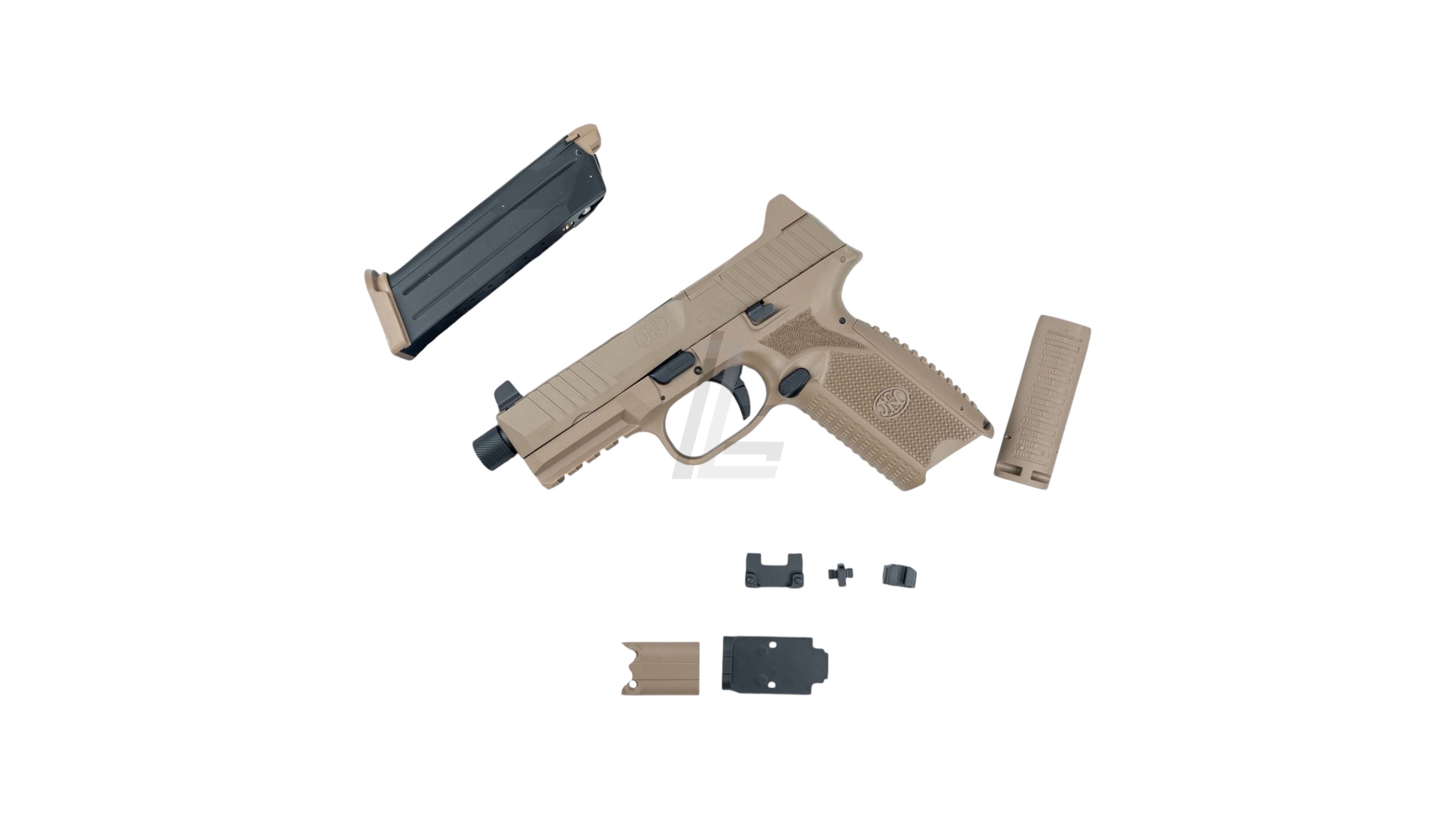 Landing Zone FN 509 gas airsoft pistol in dark earth with magazine, spare backstrap, and optic mounting plates.