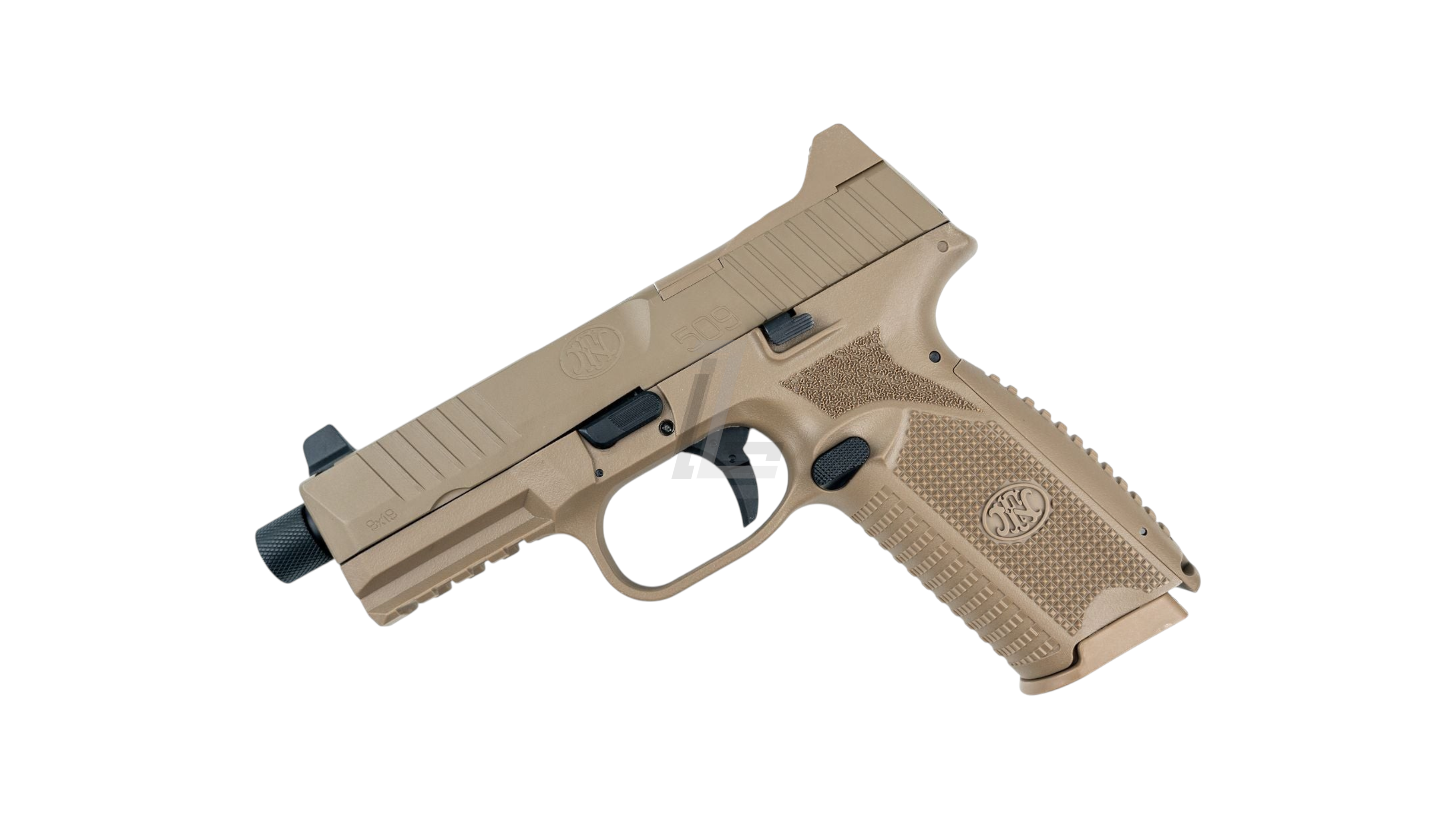 Landing Zone FN 509 gas airsoft pistol in dark earth with nylon polymer frame and aluminum alloy serrated slide