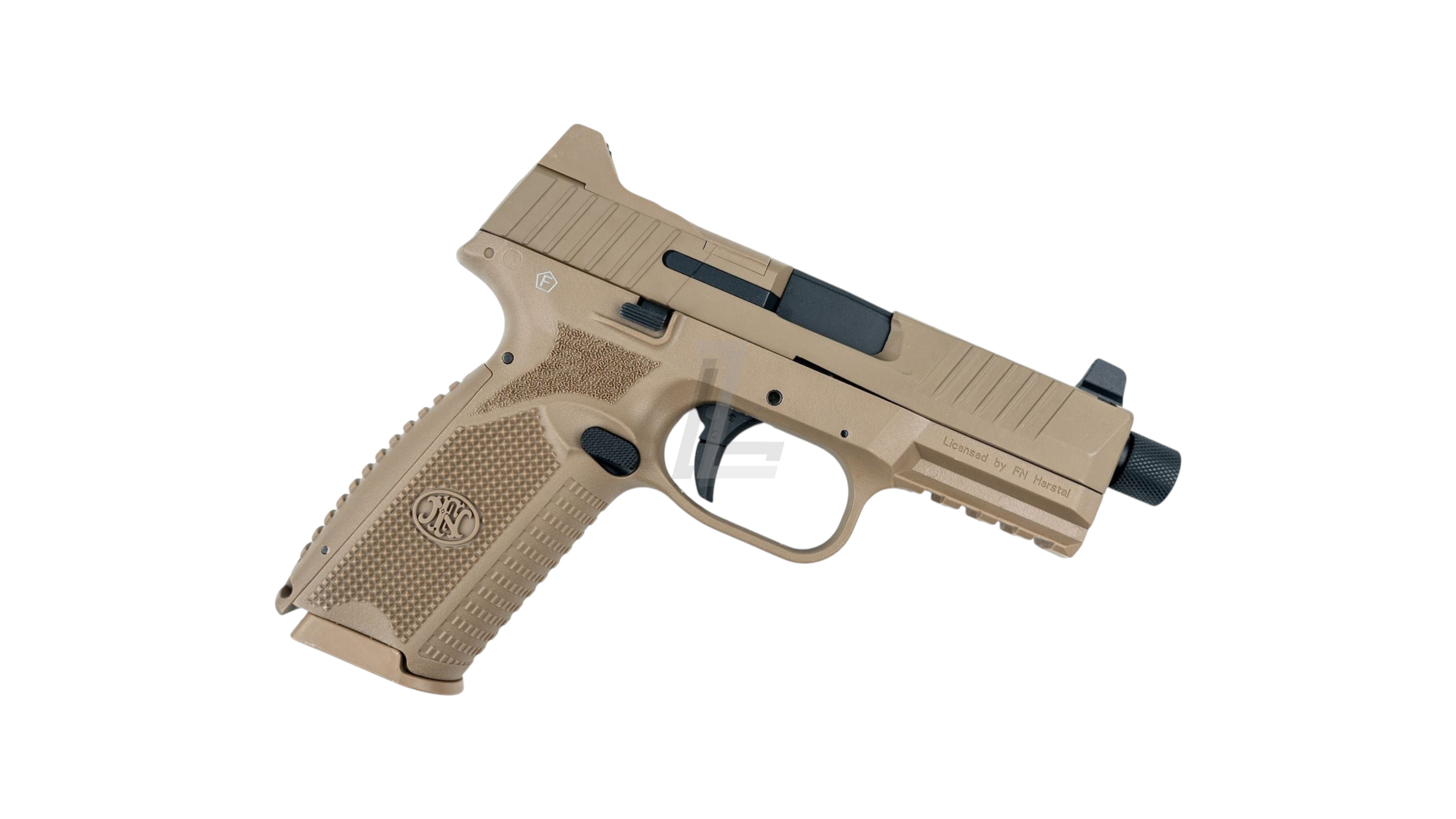 Landing Zone Double Eagle FN 509 gas airsoft pistol in dark earth with polymer frame and serrated metal slide