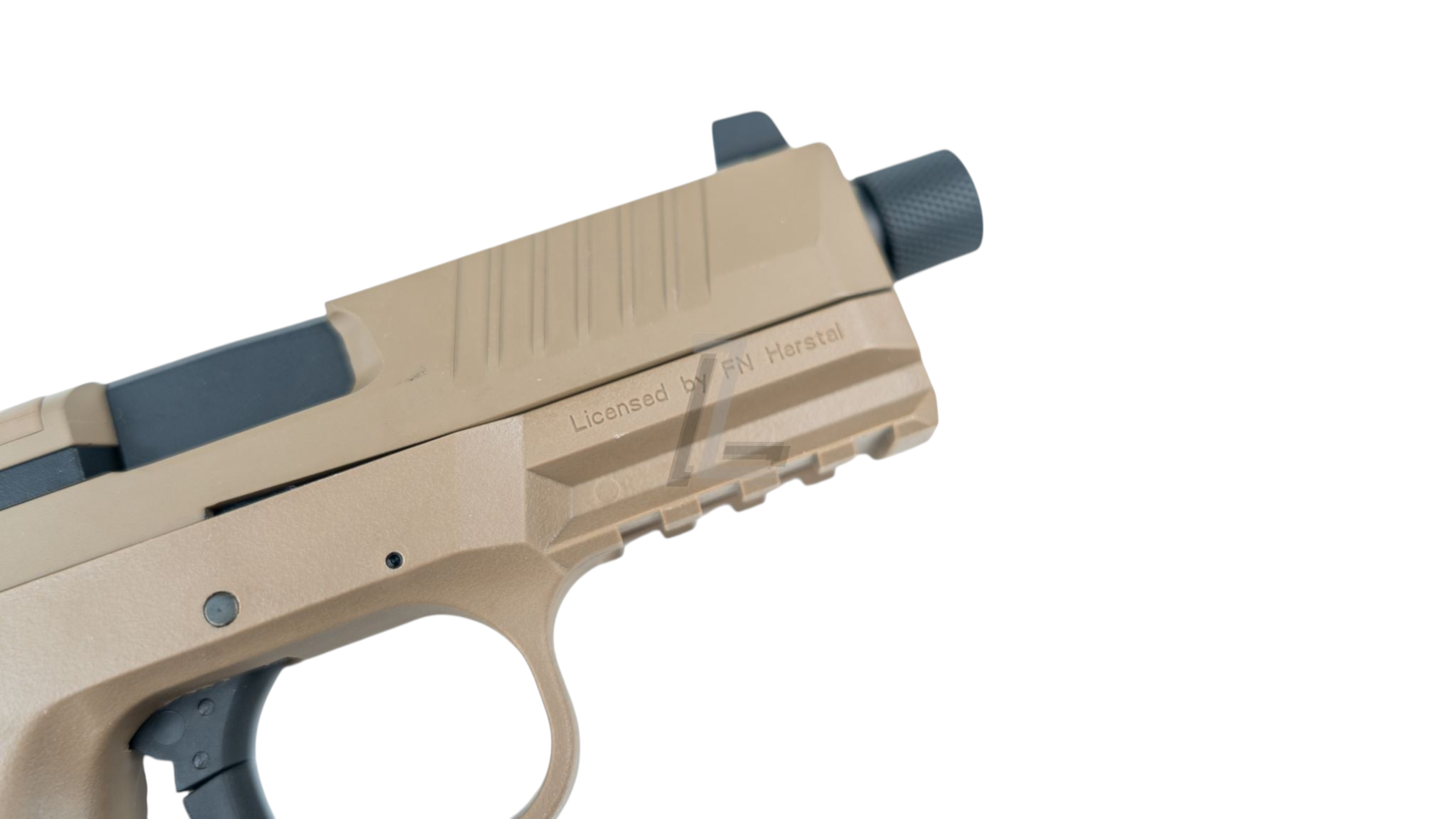 Landing Zone FN 509 gas airsoft pistol in dark earth with FN Herstal licensed engravings and picatinny rail