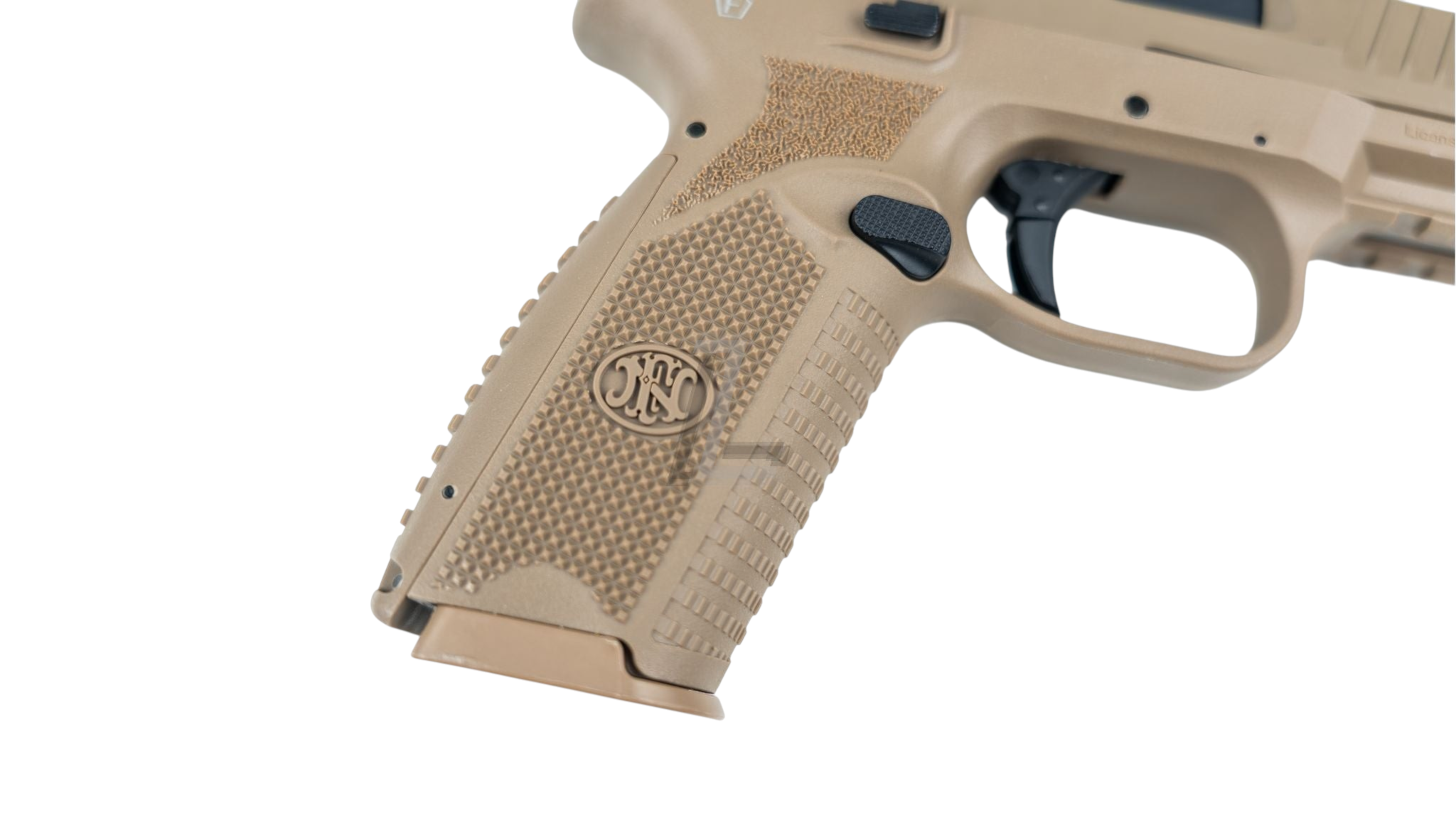 Landing Zone Double Eagle FN 509 gas airsoft pistol grip in dark earth with textured polymer frame and FN logo