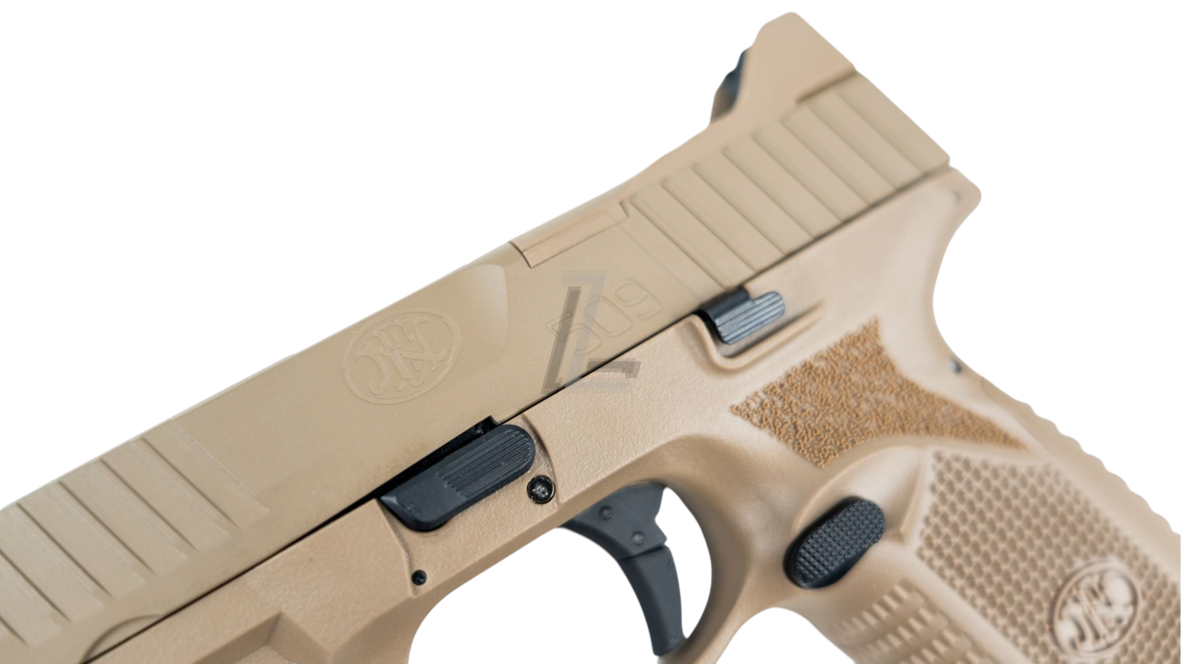 Landing Zone FN Herstal FN 509 gas airsoft pistol in dark earth with polymer frame and serrated metal slide