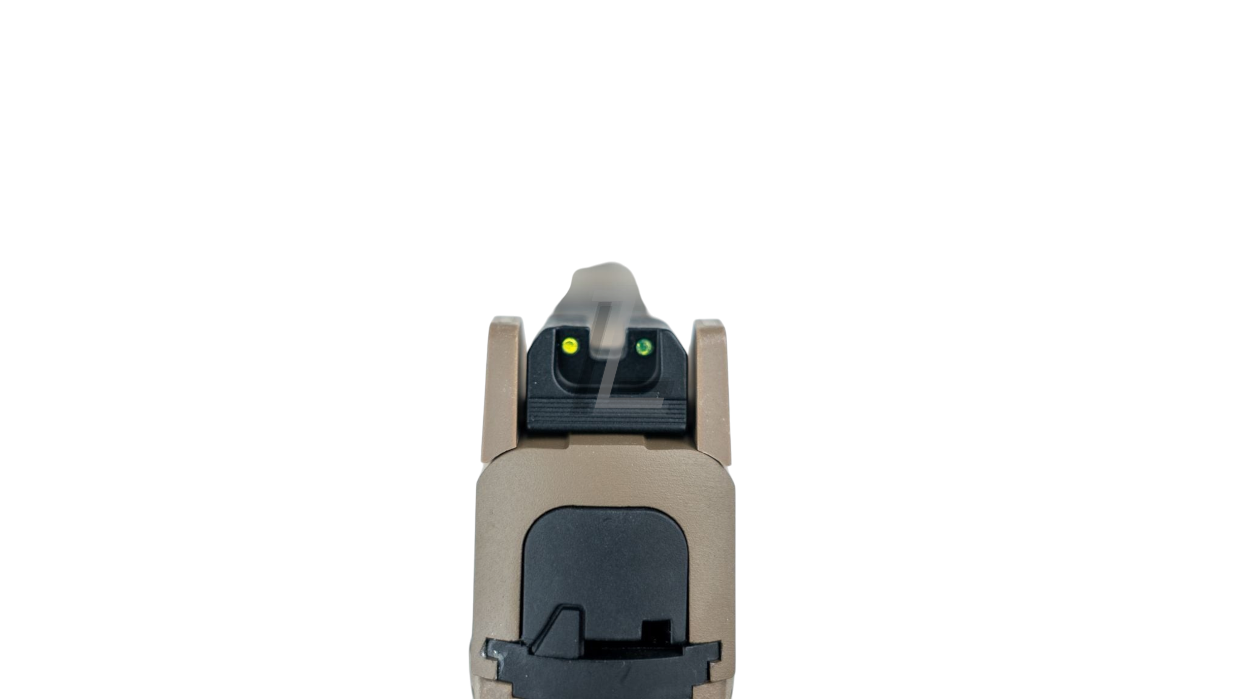 Landing Zone FN 509 gas airsoft pistol in dark earth with suppressor height fiber optic sights, rear view
