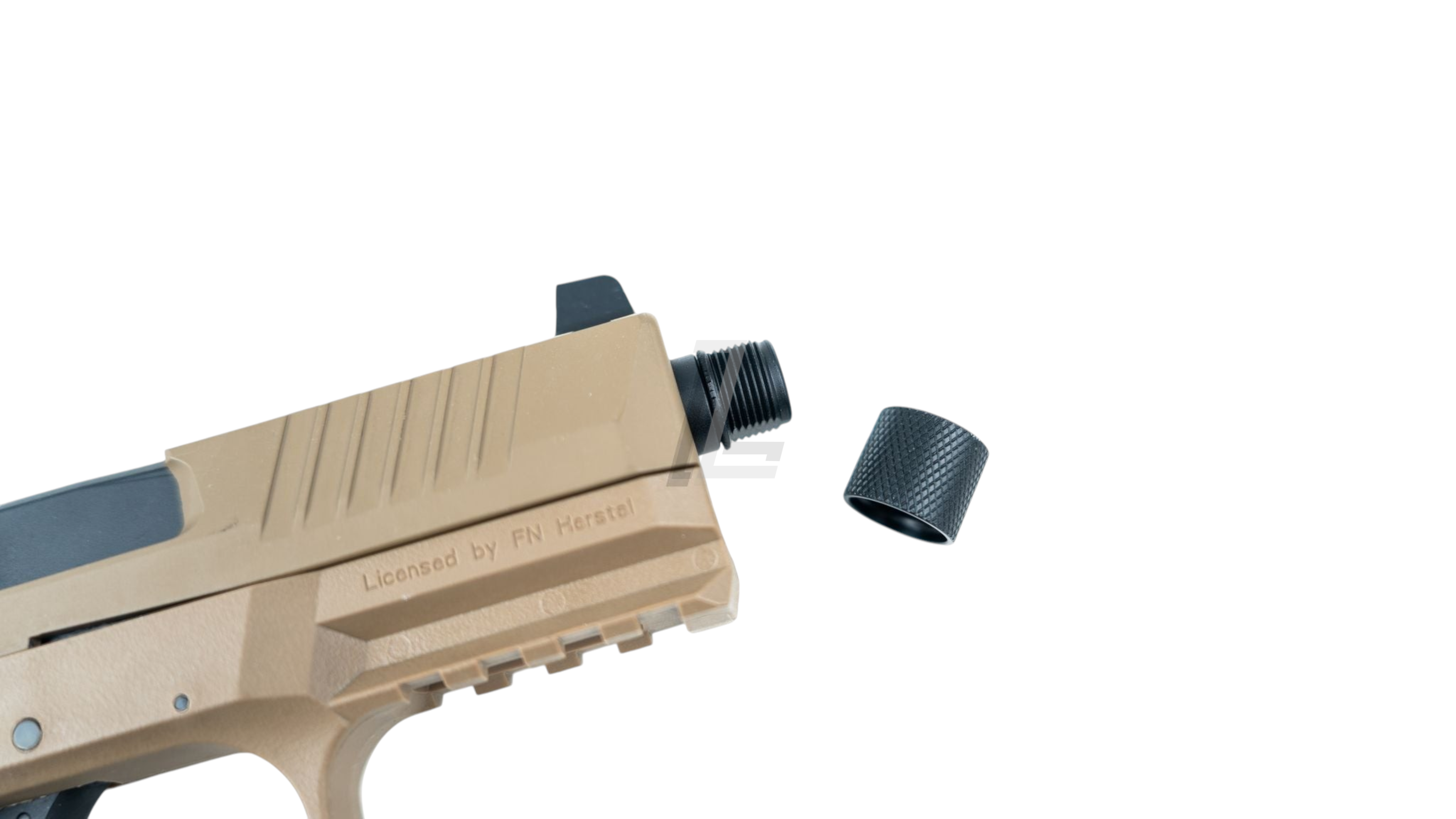 Landing Zone FN 509 gas airsoft pistol in dark earth with threaded barrel and protective cap