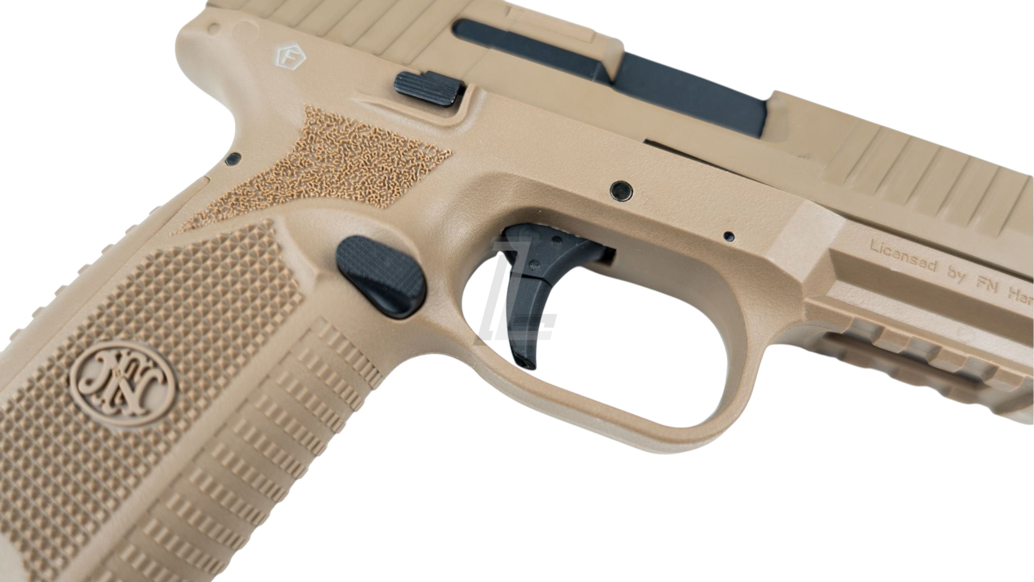 Landing Zone Double Eagle FN 509 gas airsoft pistol in dark earth with textured polymer frame and metal trigger
