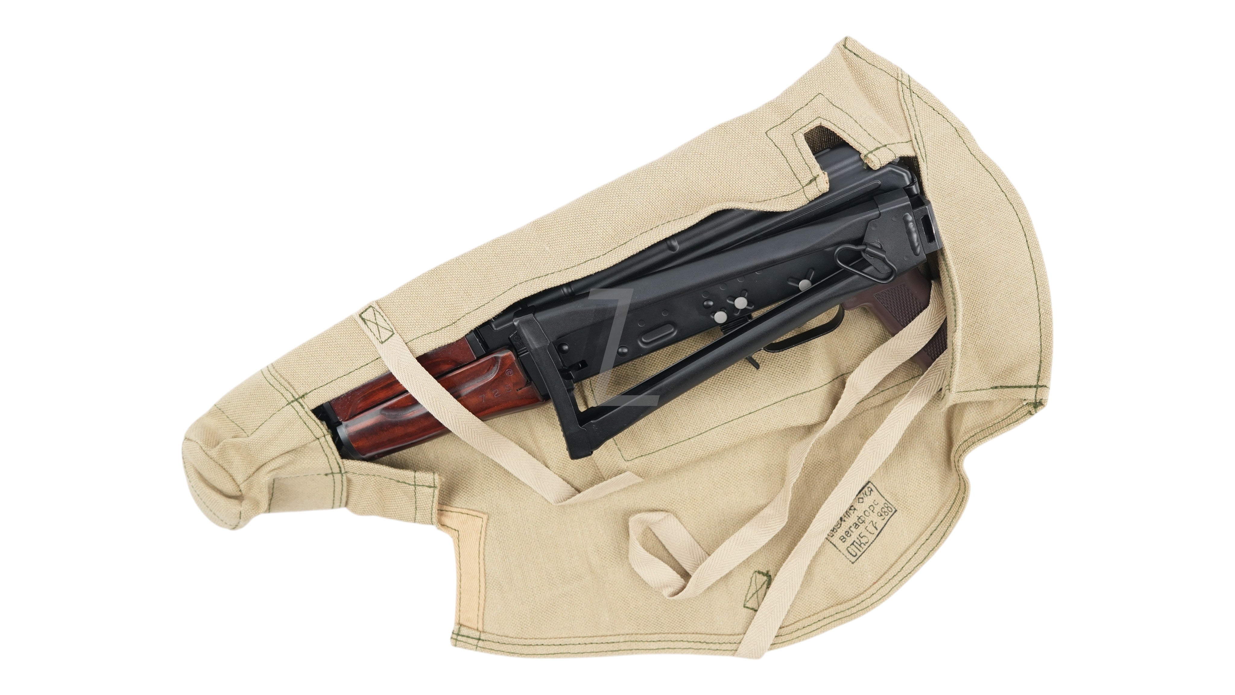 Landing Zone VFC AVS74U AKS74U GBB rifle inside a tan canvas protective carrying case on a white background