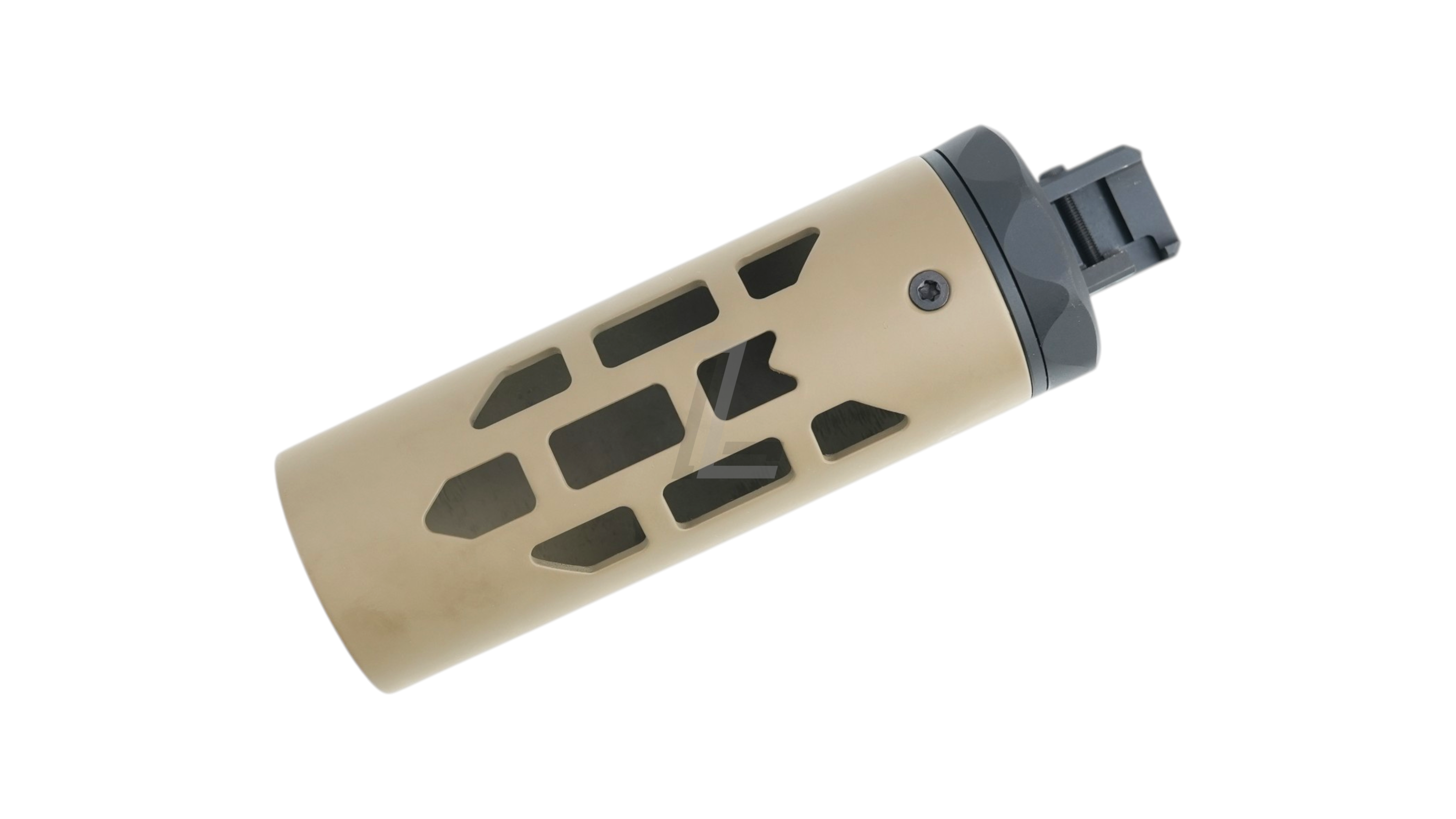 Landing Zone ANGRY GUN 6.5 inch U-RAC style carbon fiber front shield in Cerakote FDE finish for airsoft rifles.