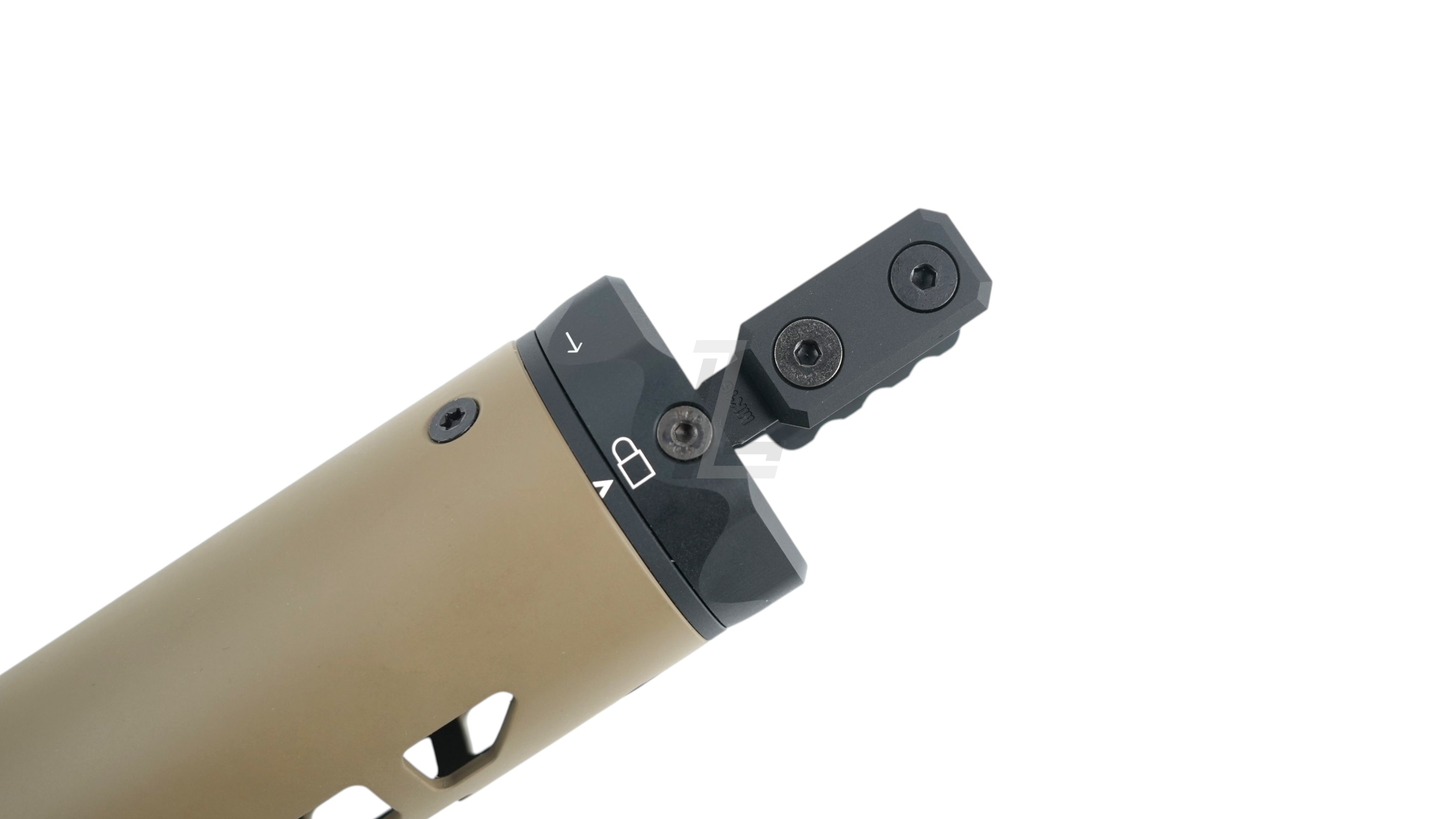 Landing Zone ANGRY GUN 6.5 inch carbon front shield in Cerakote FDE for MK16 and MK14 rails on a white background
