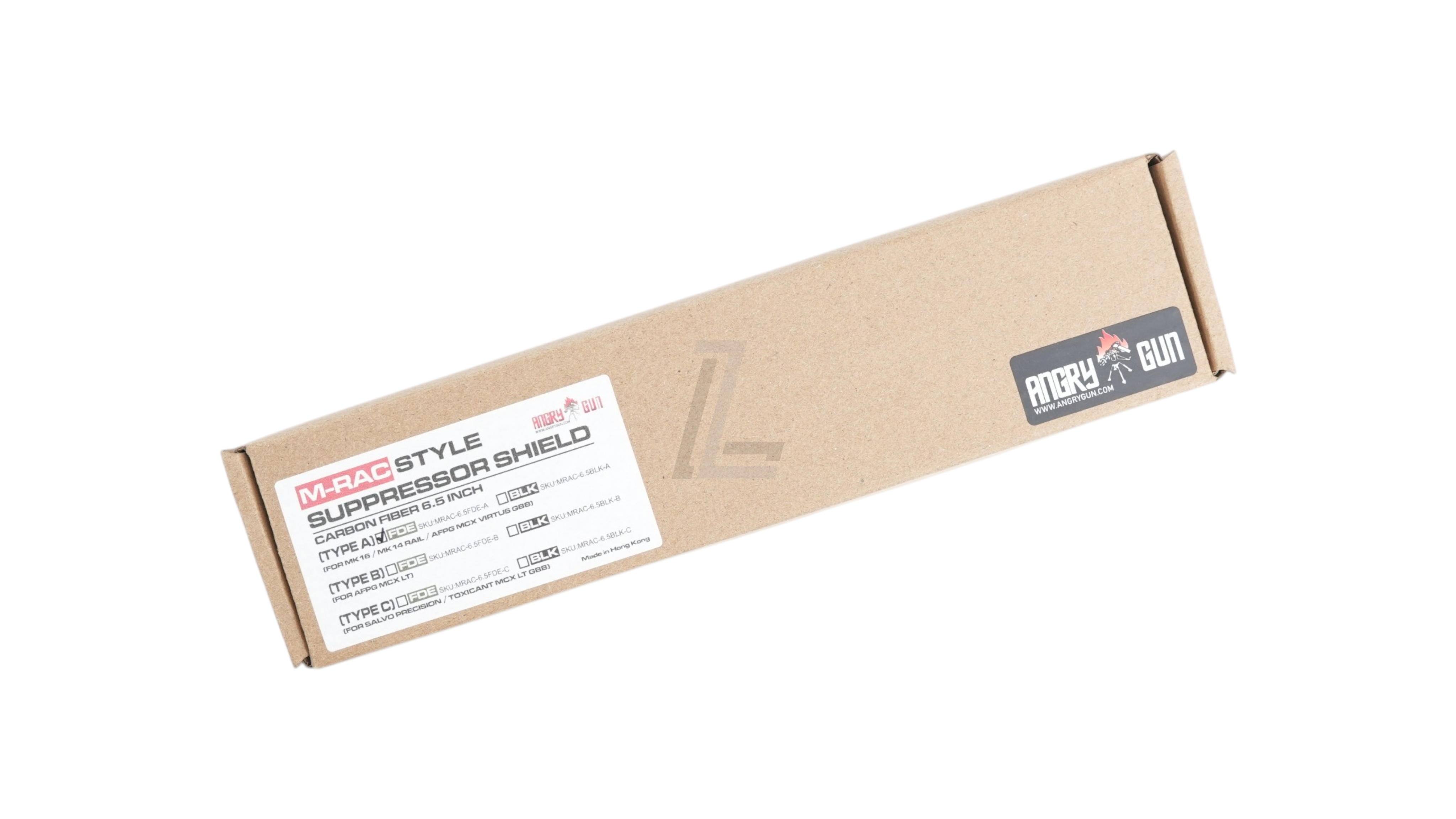 Landing Zone ANGRY GUN M-RAC style 6.5 inch carbon front shield packaging box in Cerakote FDE for airsoft rifles