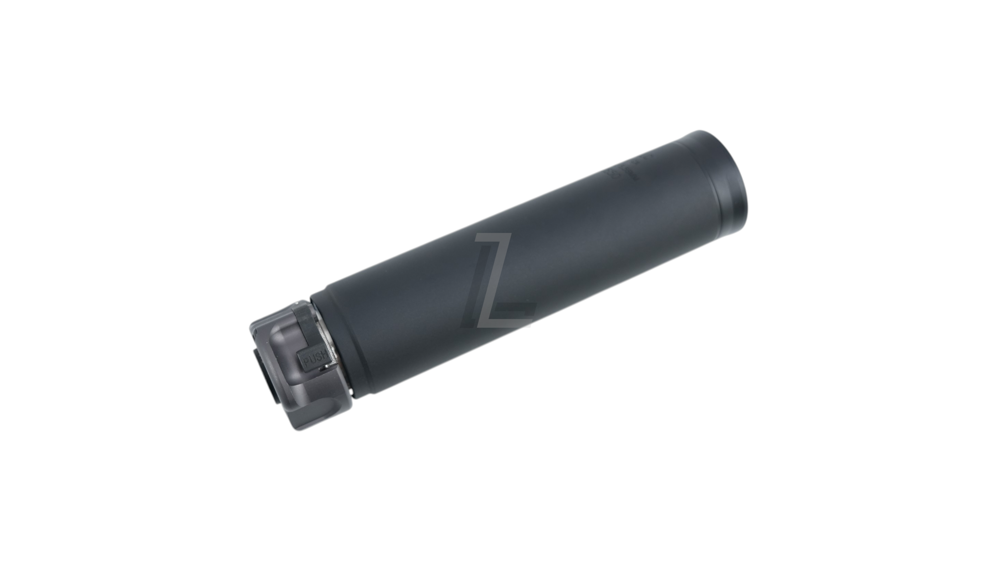 Landing Zone ANGRY GUN SOCOM556 RC3 black dummy silencer with quick detach mechanism on a white background