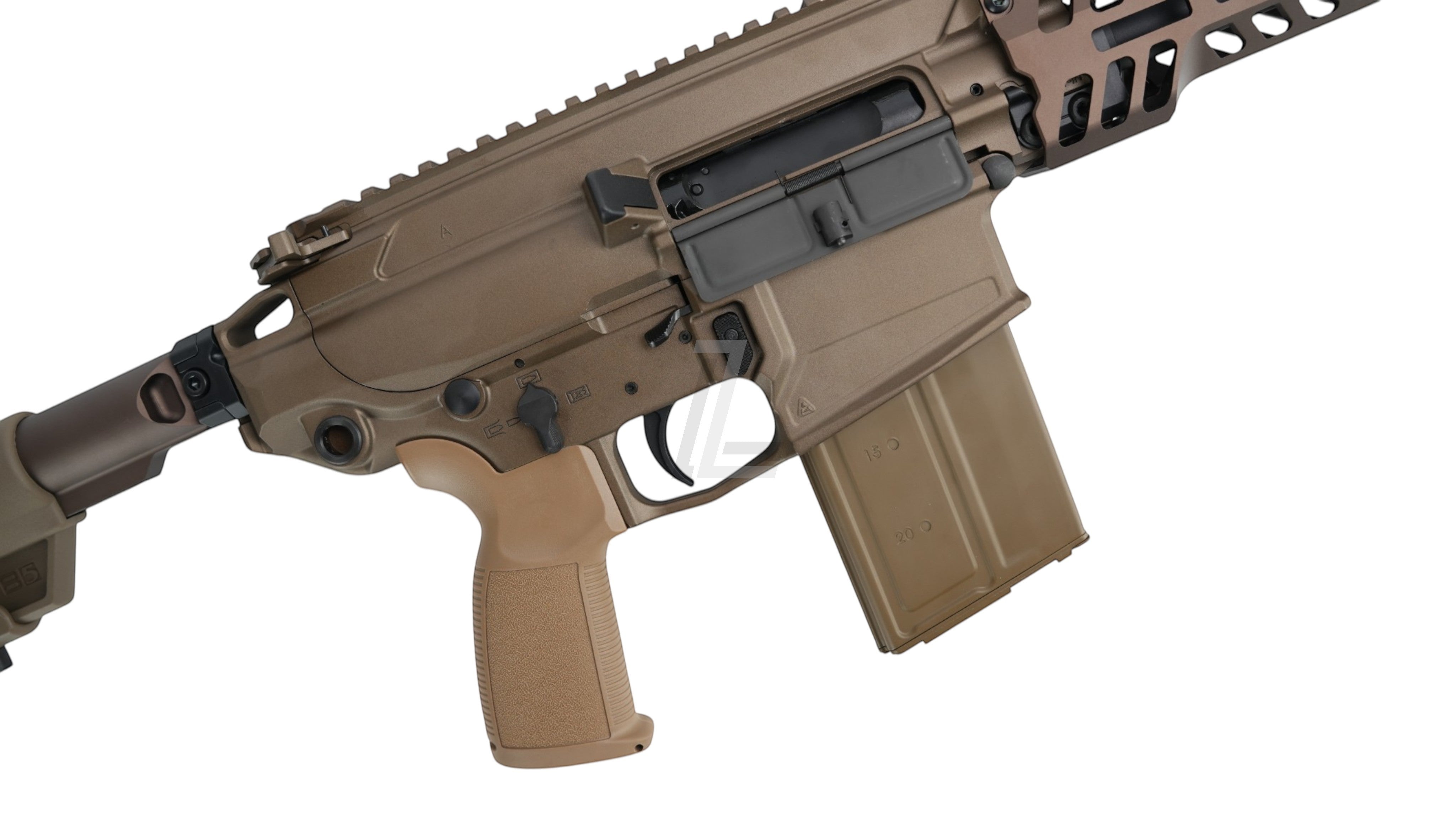 Landing Zone APFG XM7 GBB airsoft rifle in flat dark earth finish with black accents and textured pistol grip