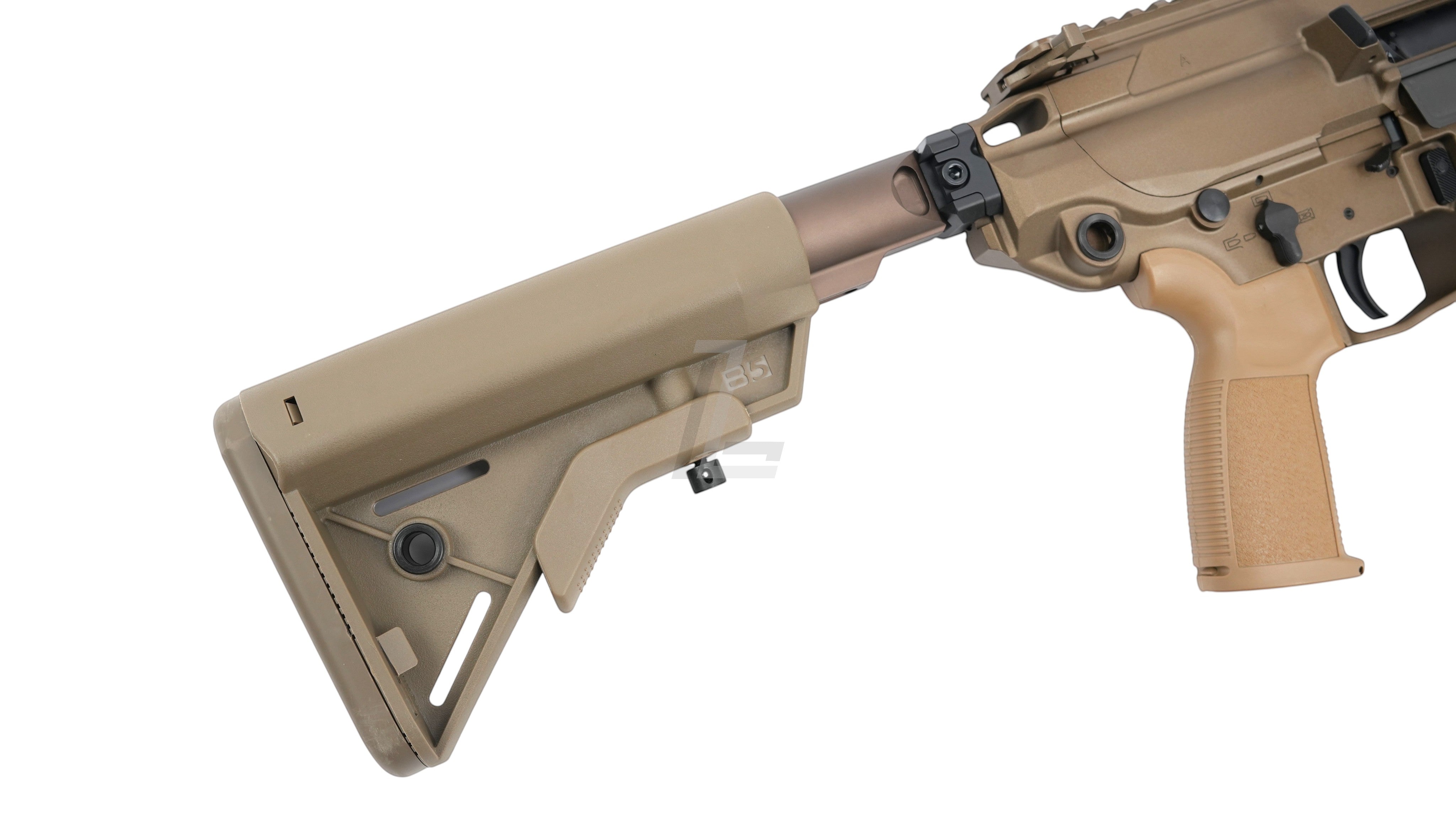 Landing Zone APFG XM7 GBB airsoft rifle showing the tan adjustable stock and ergonomic pistol grip in detail