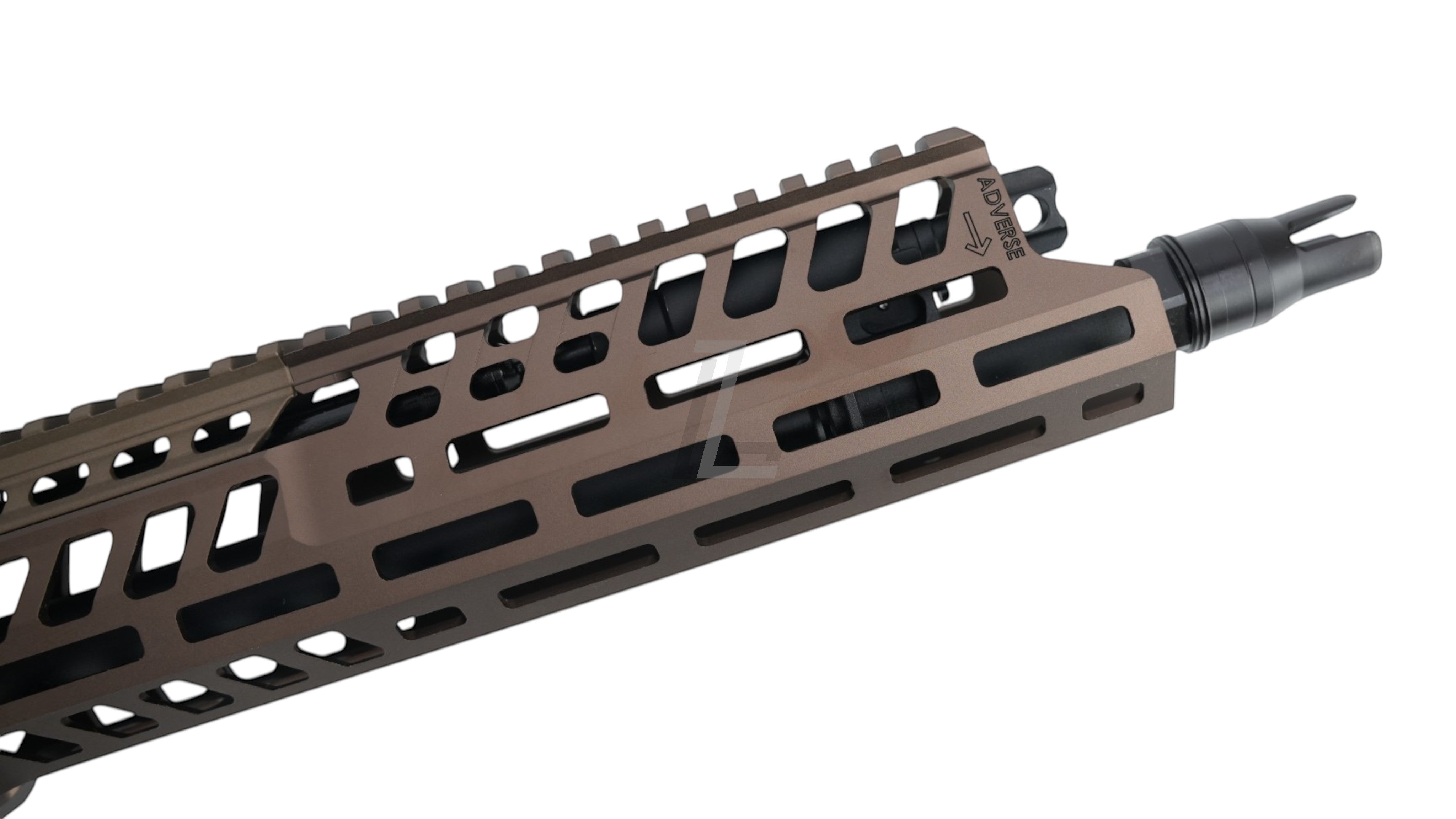 Landing Zone APFG XM7 GBB airsoft rifle bronze M-LOK handguard with integrated gas block and muzzle device