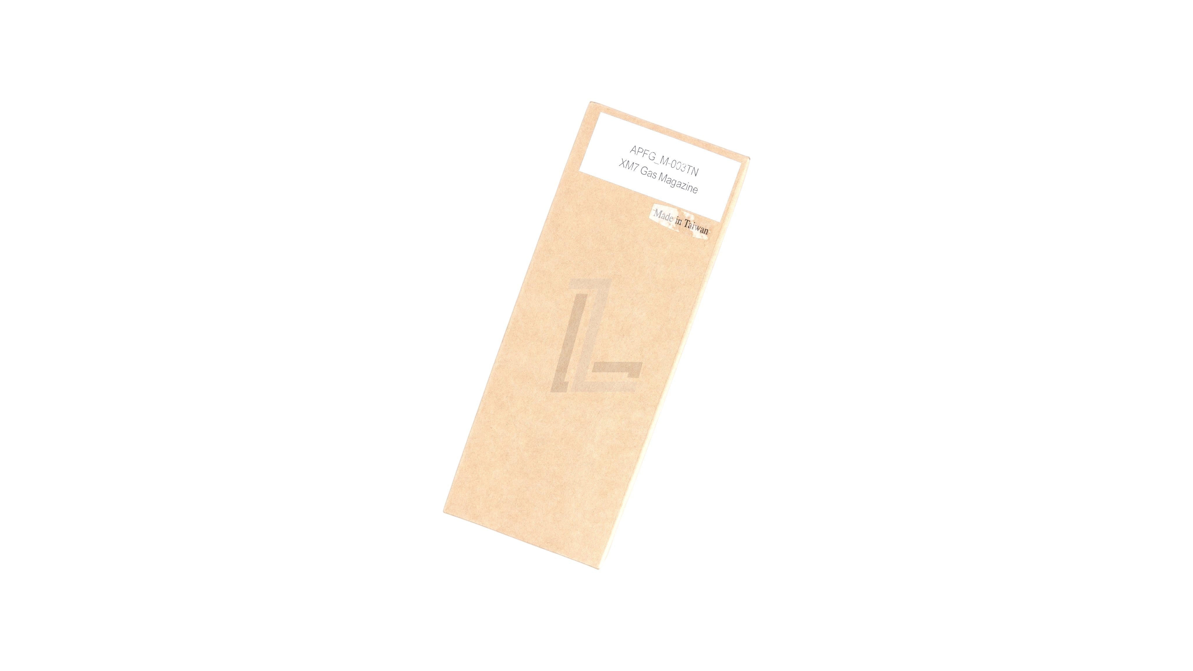 Landing Zone APFG XM7 22-round gas airsoft magazine in its original brown cardboard packaging box.