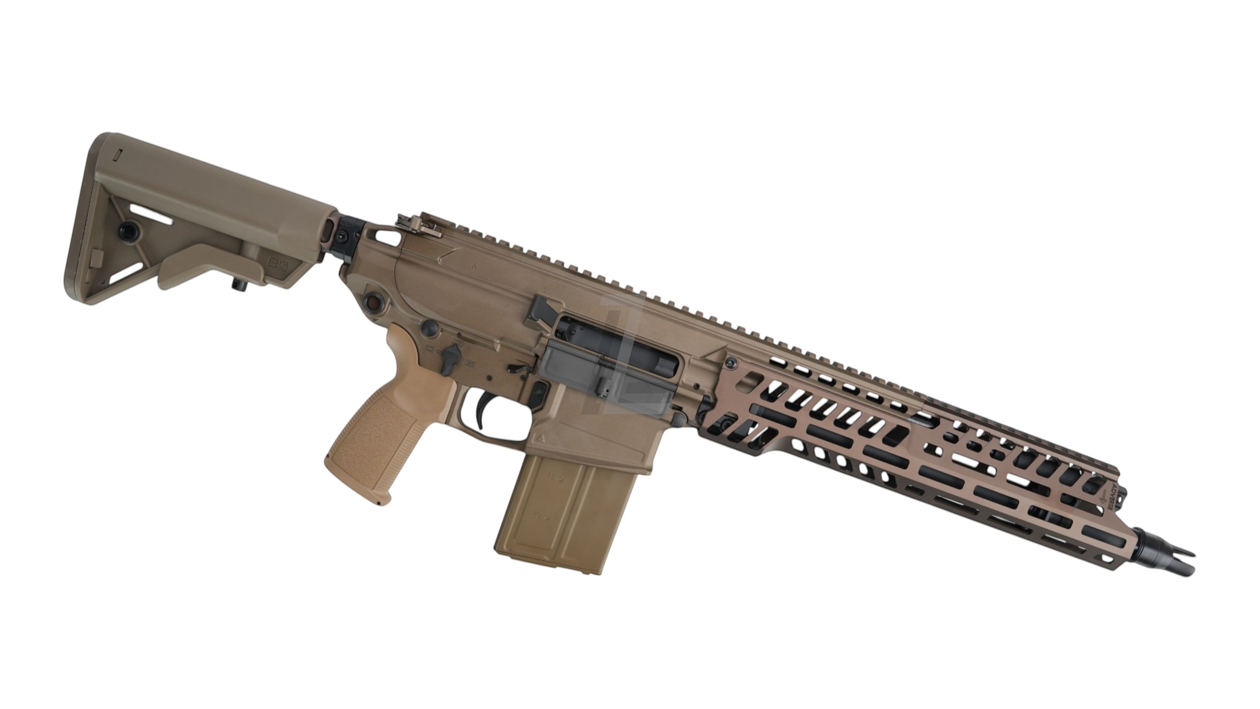Landing Zone APFG XM7 GBB airsoft rifle in flat dark earth with modular handguard and adjustable stock