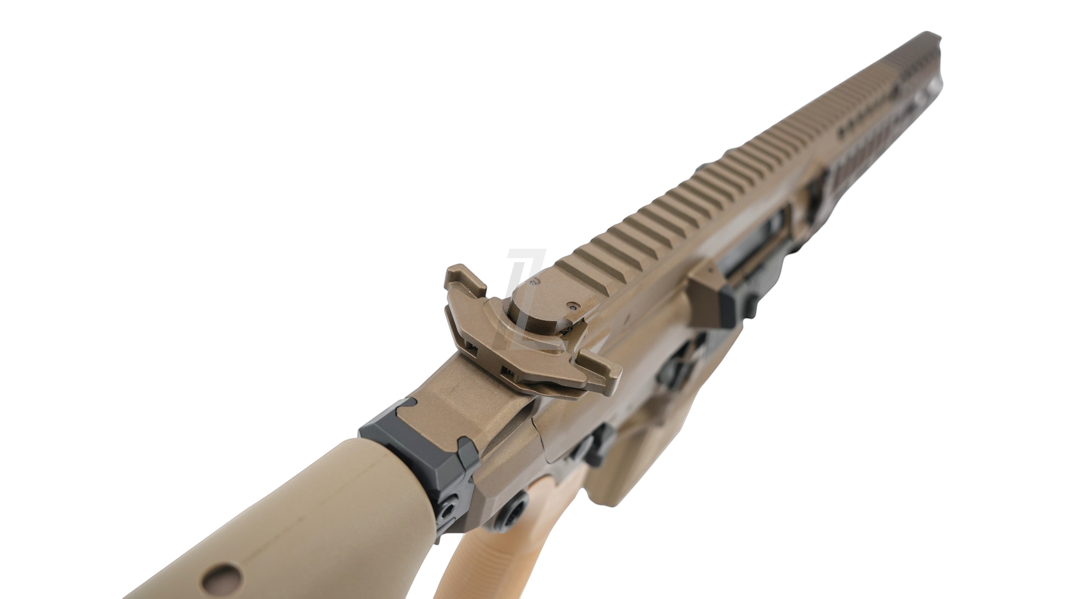 Landing Zone APFG XM7 GBB airsoft rifle in flat dark earth, showing the top rail, charging handle, and folding stock.