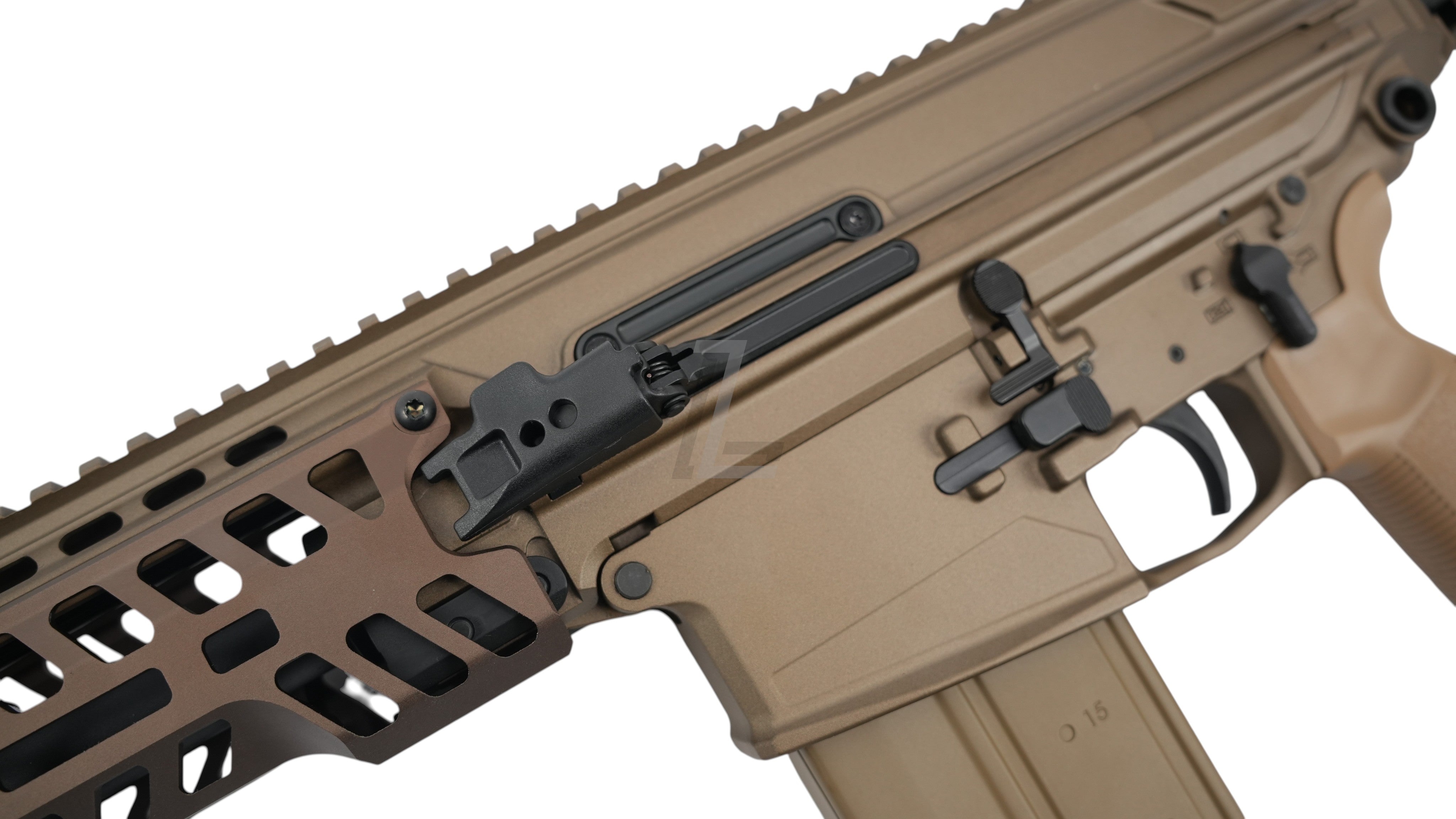 Landing Zone APFG XM7 GBB airsoft rifle featuring a tan CNC aluminum receiver and M-LOK handguard with side charging handle