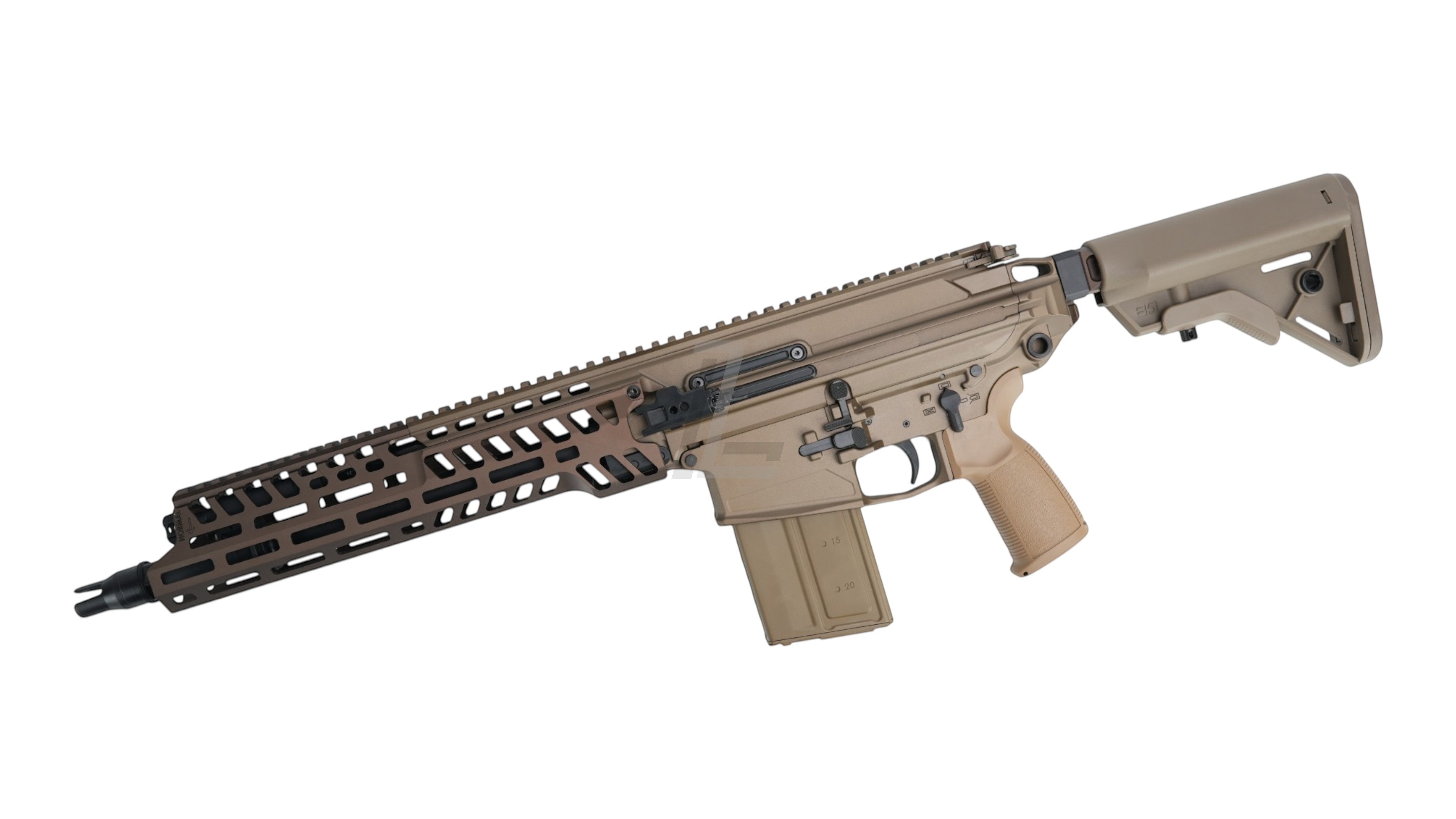 Landing Zone APFG XM7 GBB airsoft rifle in flat dark earth with a modular handguard and adjustable stock
