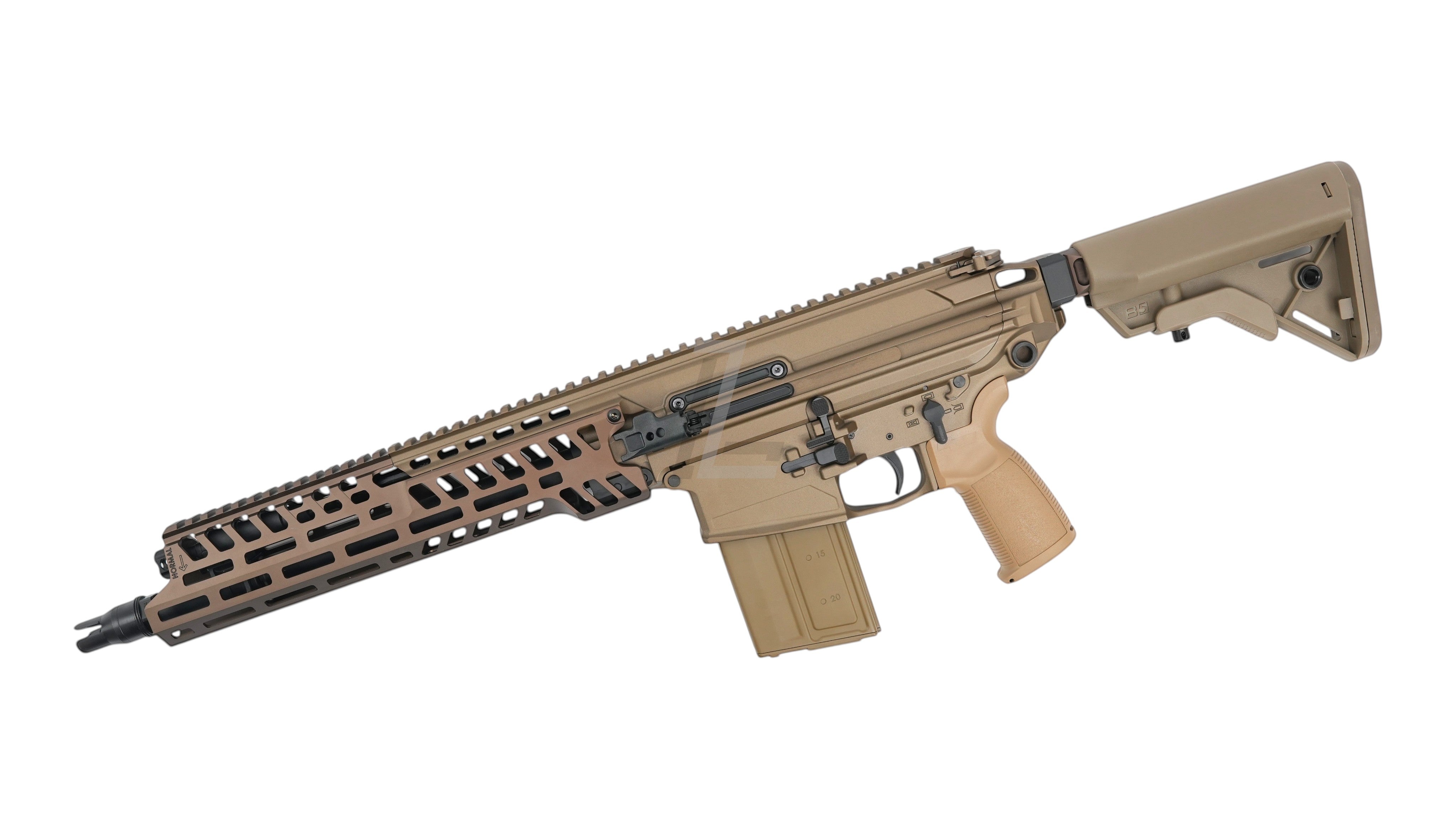 Landing Zone APFG XM7 GBB airsoft rifle in tan and bronze with CNC metal handguard and folding stock
