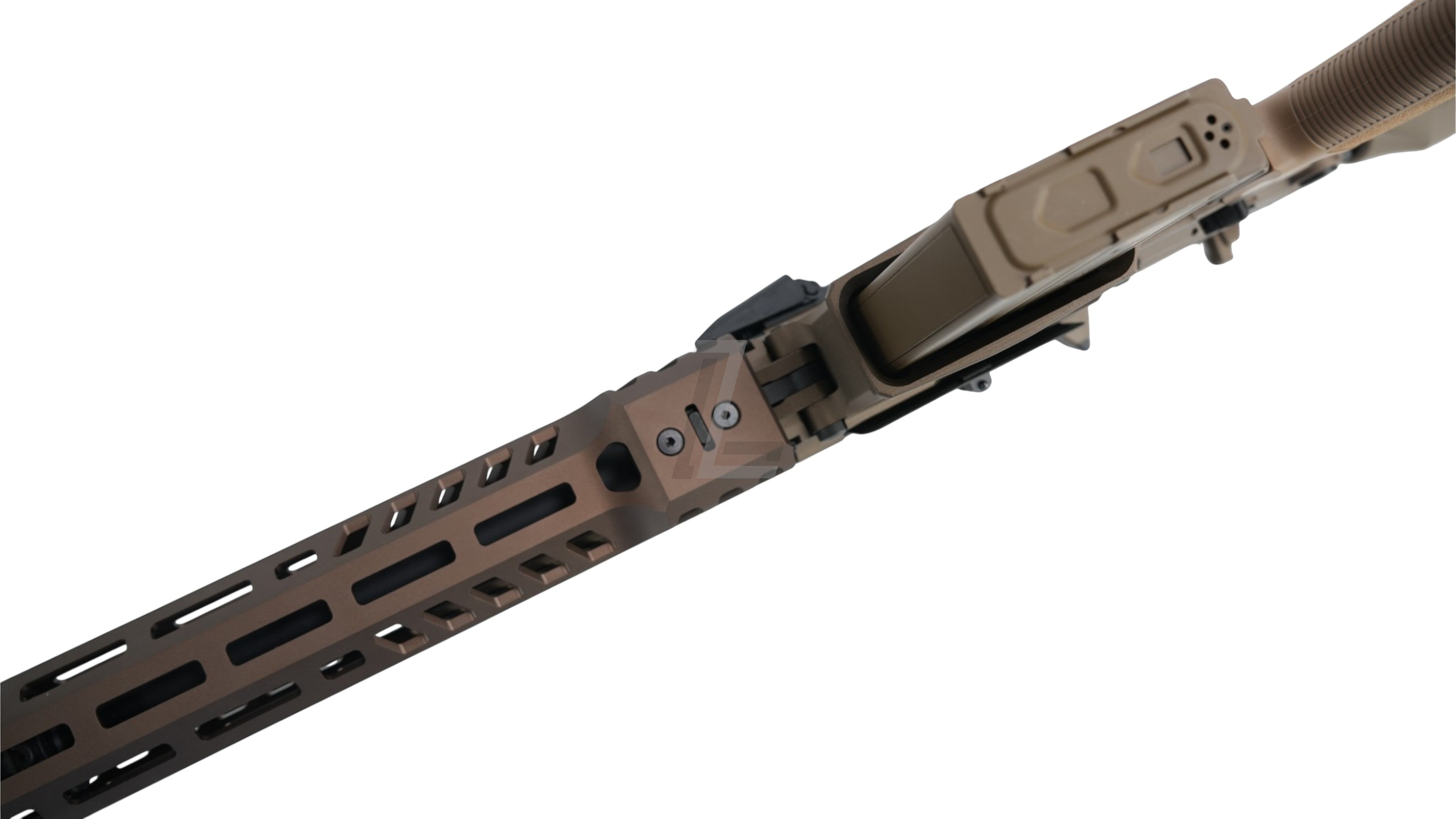 Landing Zone APFG XM7 GBB airsoft rifle in flat dark earth with M-LOK handguard, top-down view.