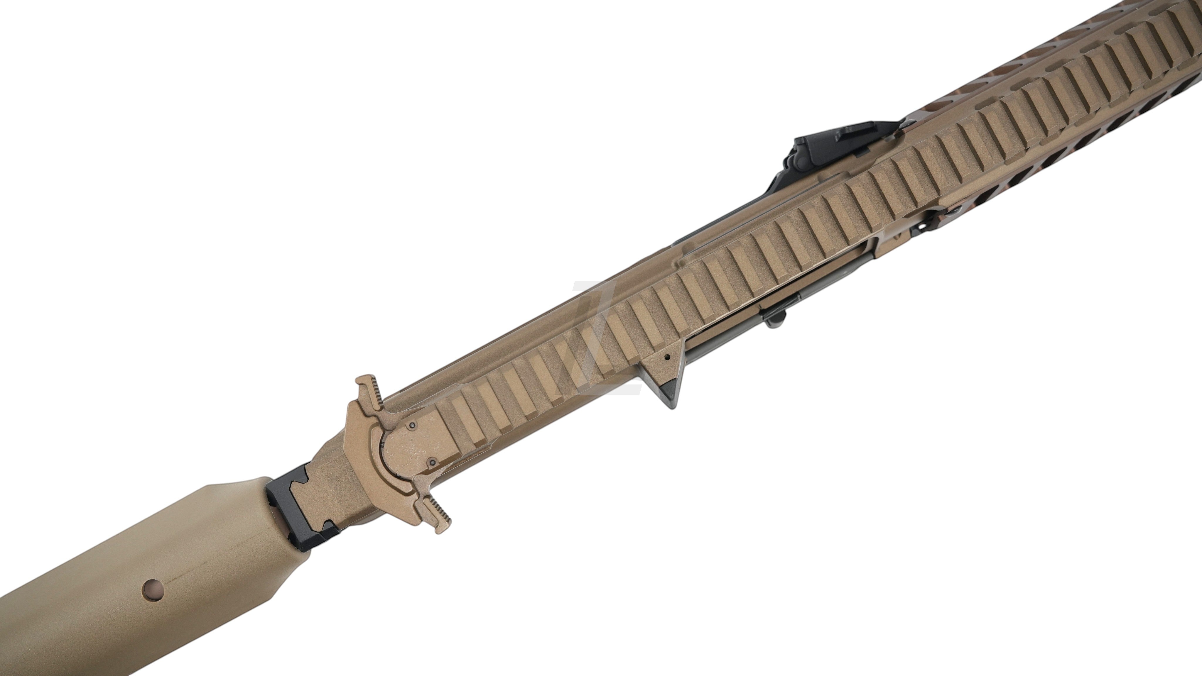 Landing Zone APFG XM7 GBB airsoft rifle top view showing the tan metal receiver and dual charging handle design