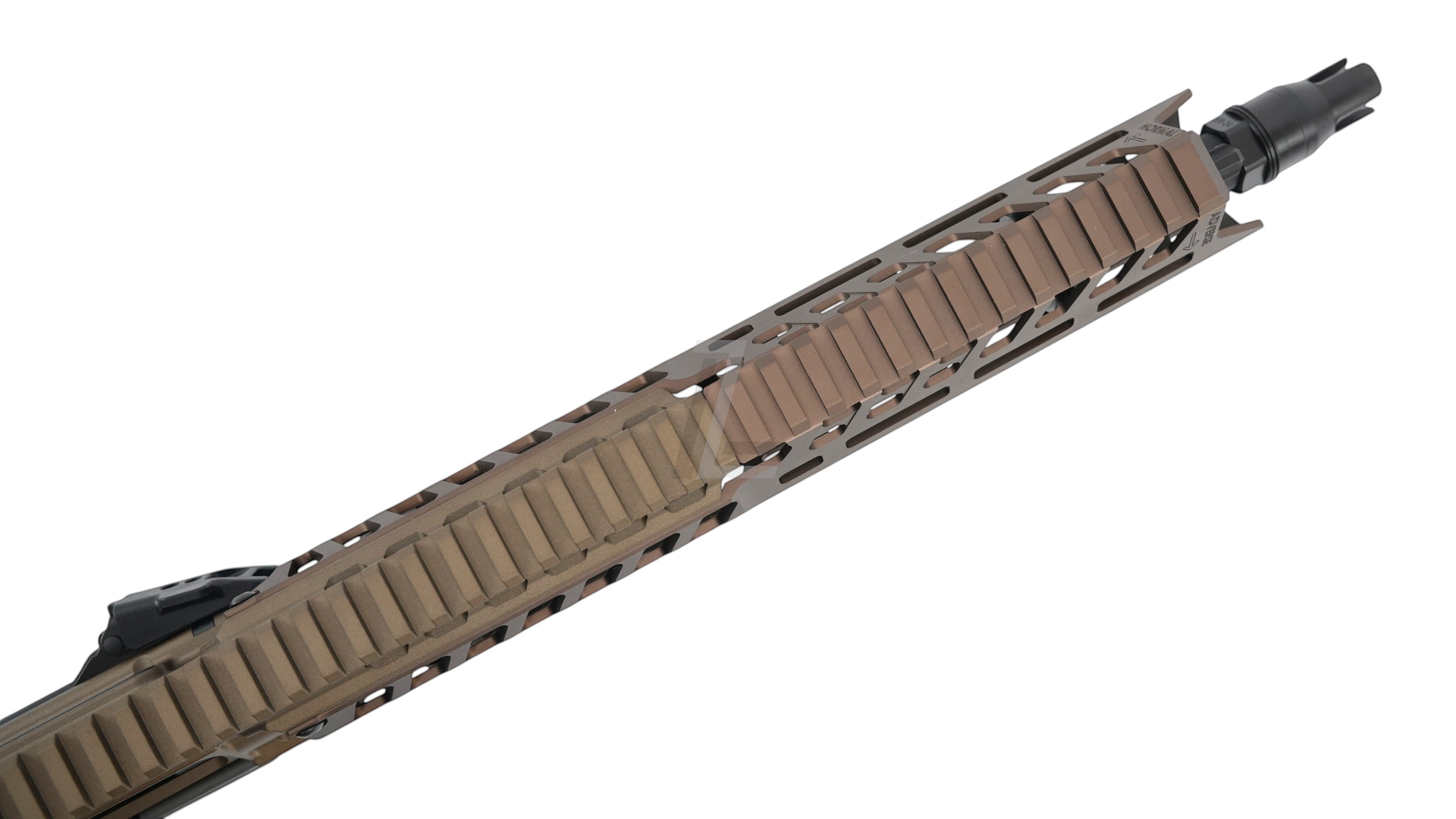 Landing Zone APFG XM7 airsoft rifle brown CNC metal M-LOK handguard with integrated top rail and muzzle device