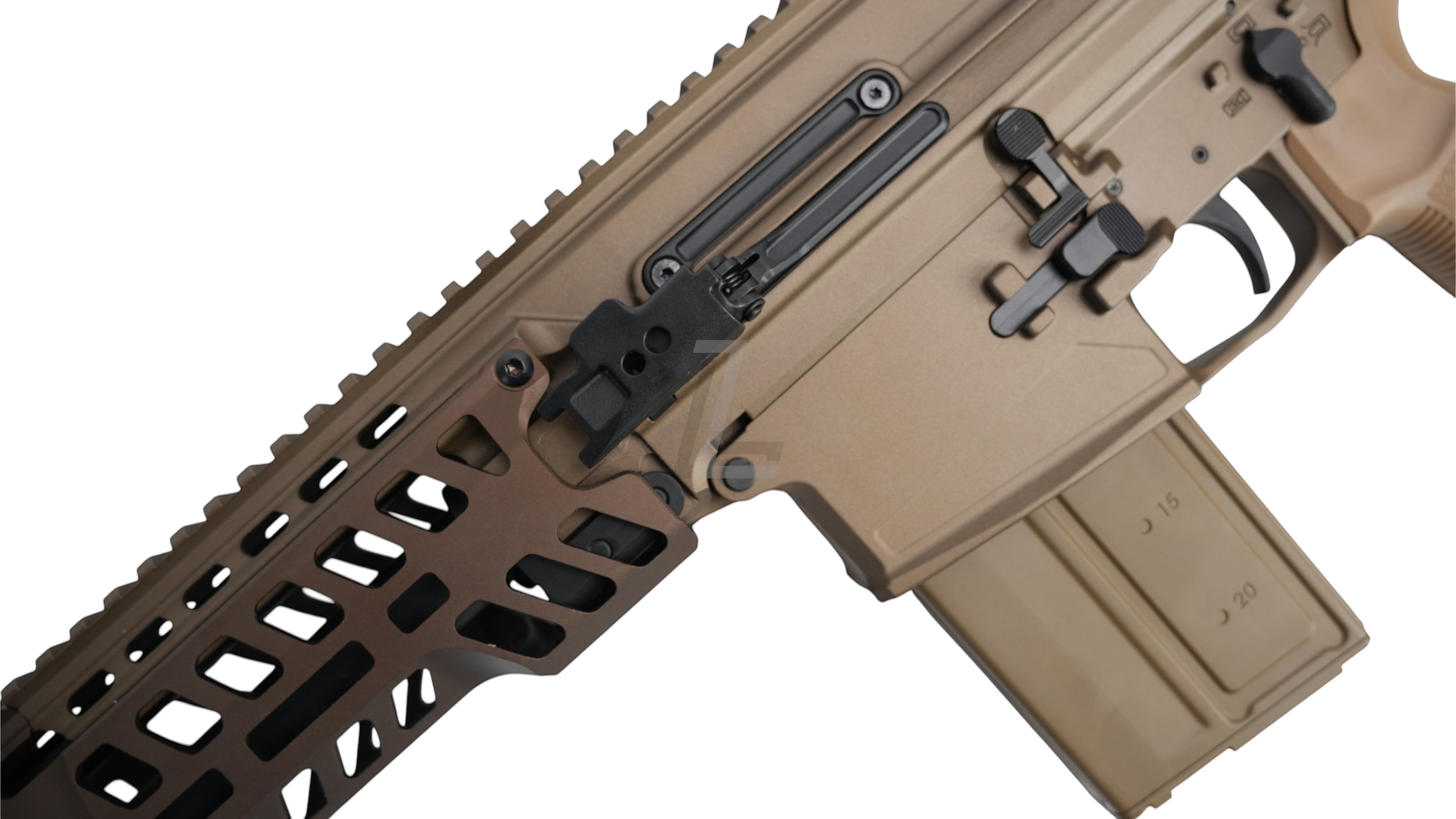 Landing Zone APFG XM7 GBB airsoft rifle in tan with a metal handguard and magazine, close-up side view.