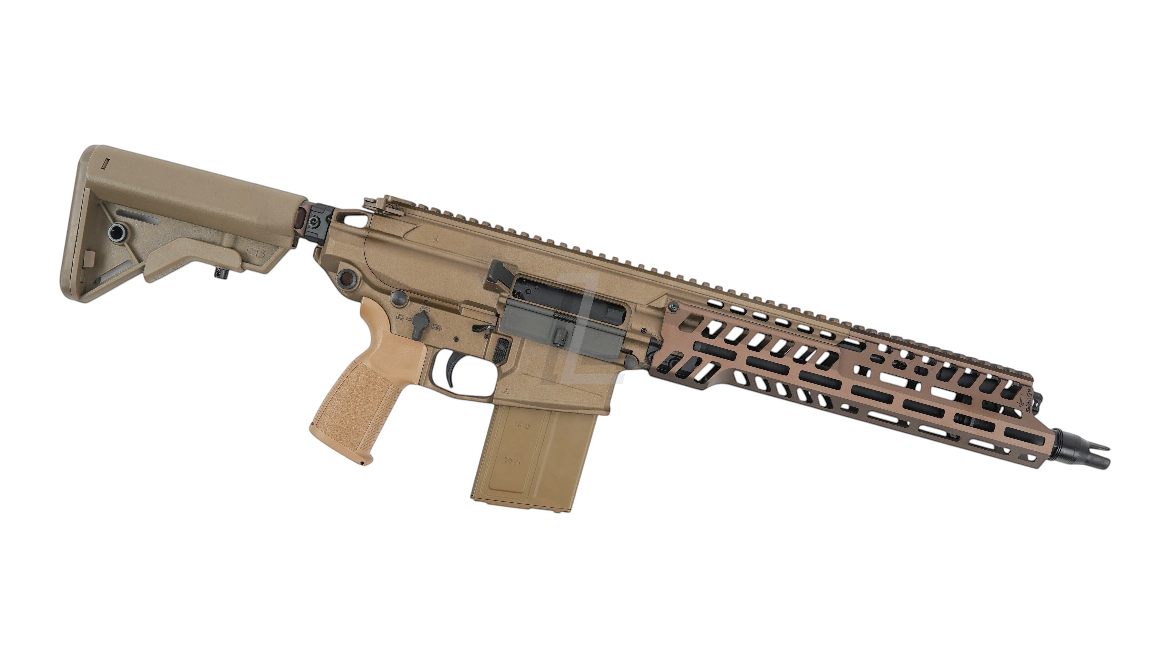 Landing Zone APFG XM7 GBB airsoft rifle in tan with CNC metal M-LOK handguard and folding stock