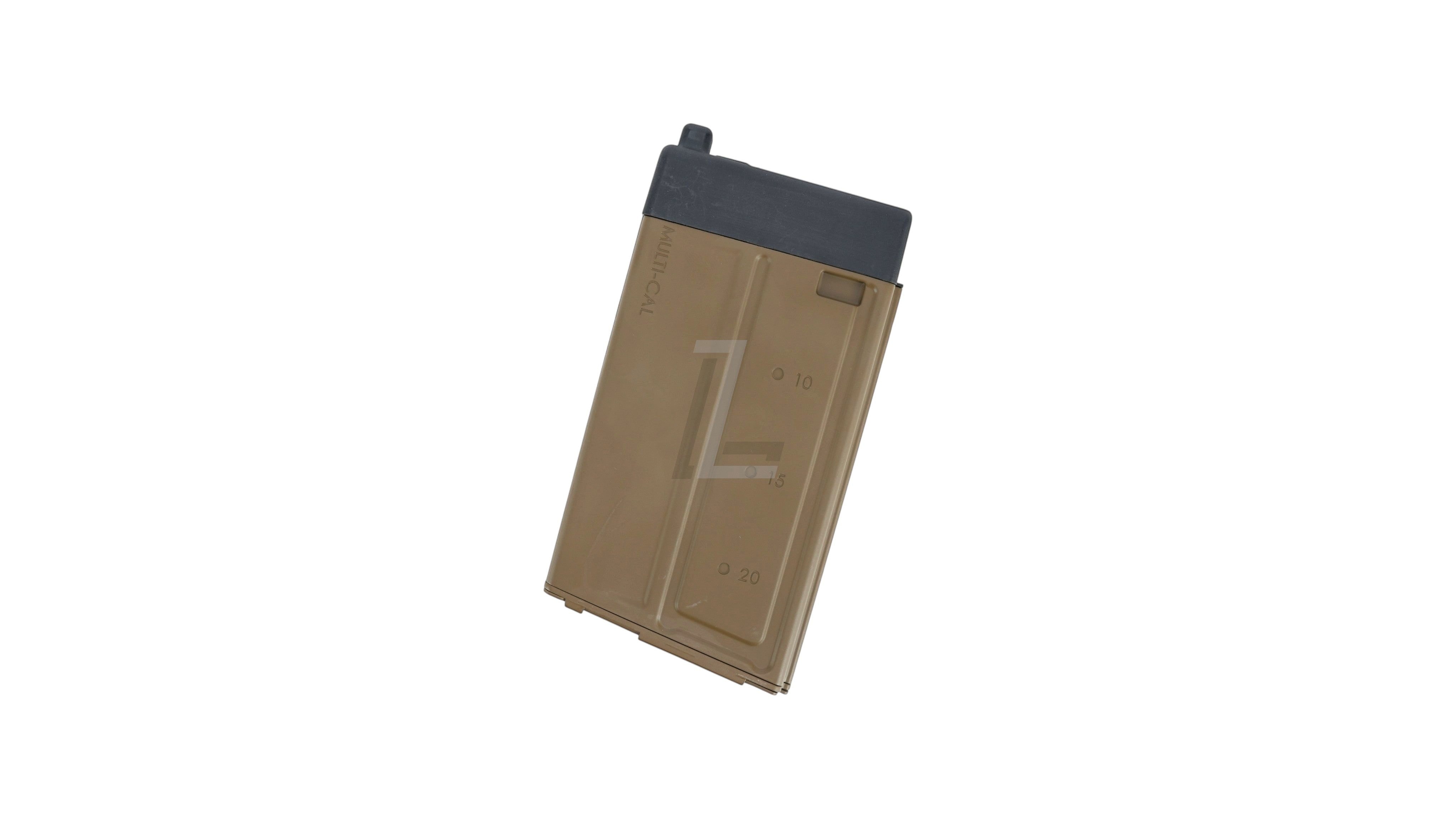 Landing Zone APFG XM7 22-round gas airsoft magazine in tan with black base plate and capacity markings