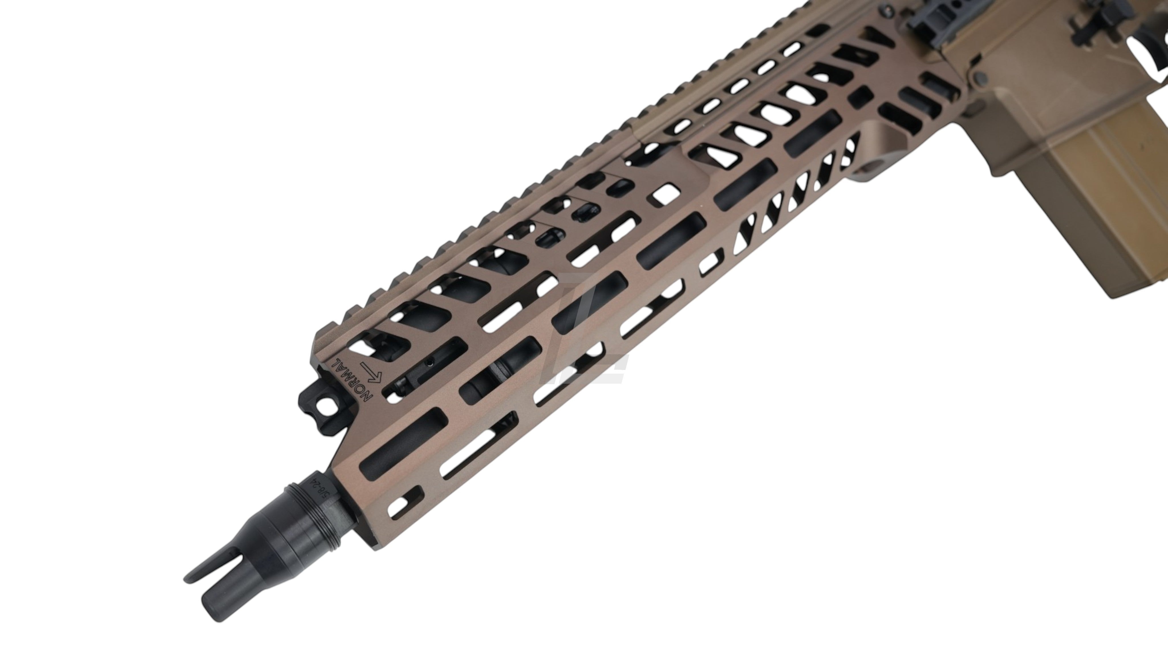 Landing Zone APFG XM7 GBB airsoft rifle featuring a tan M-LOK handguard and black flash hider.