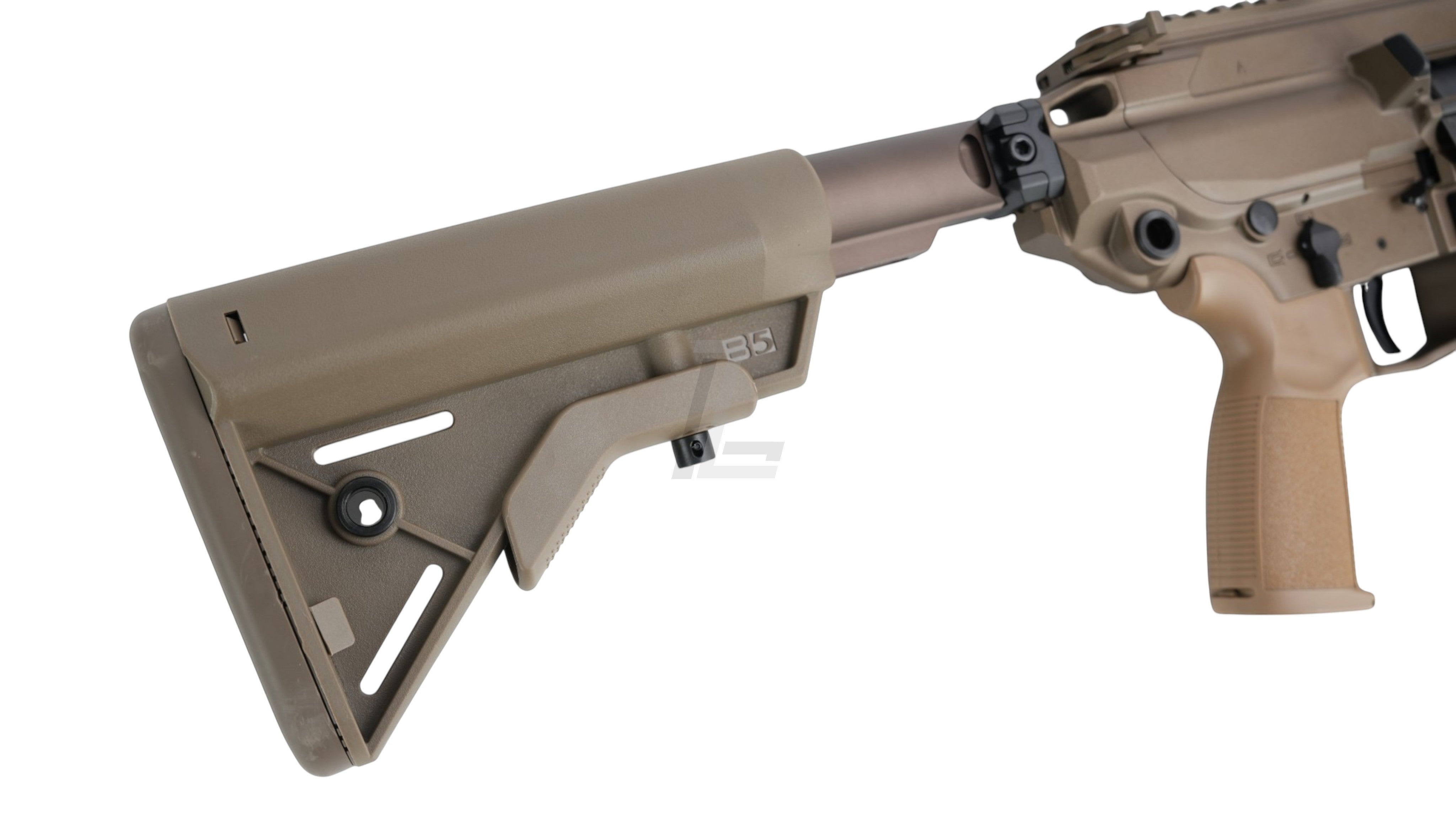 Landing Zone APFG XM7 GBB airsoft rifle featuring a tan B5 Systems style adjustable stock and pistol grip