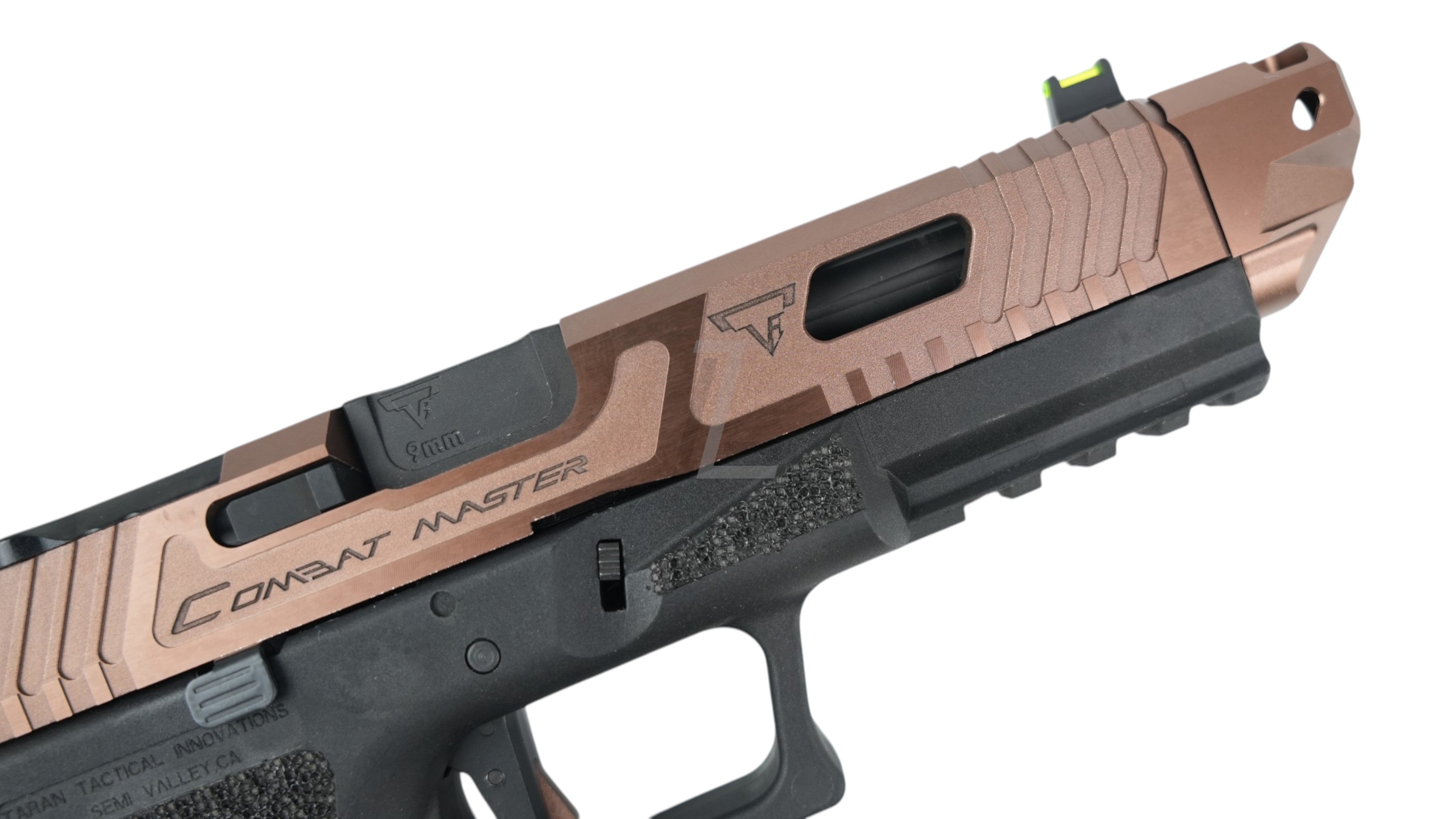 Landing Zone ARMY ARMAMENT TTI Ballerina G17 GBB airsoft pistol in bronze with custom slide cuts and fiber optic sight