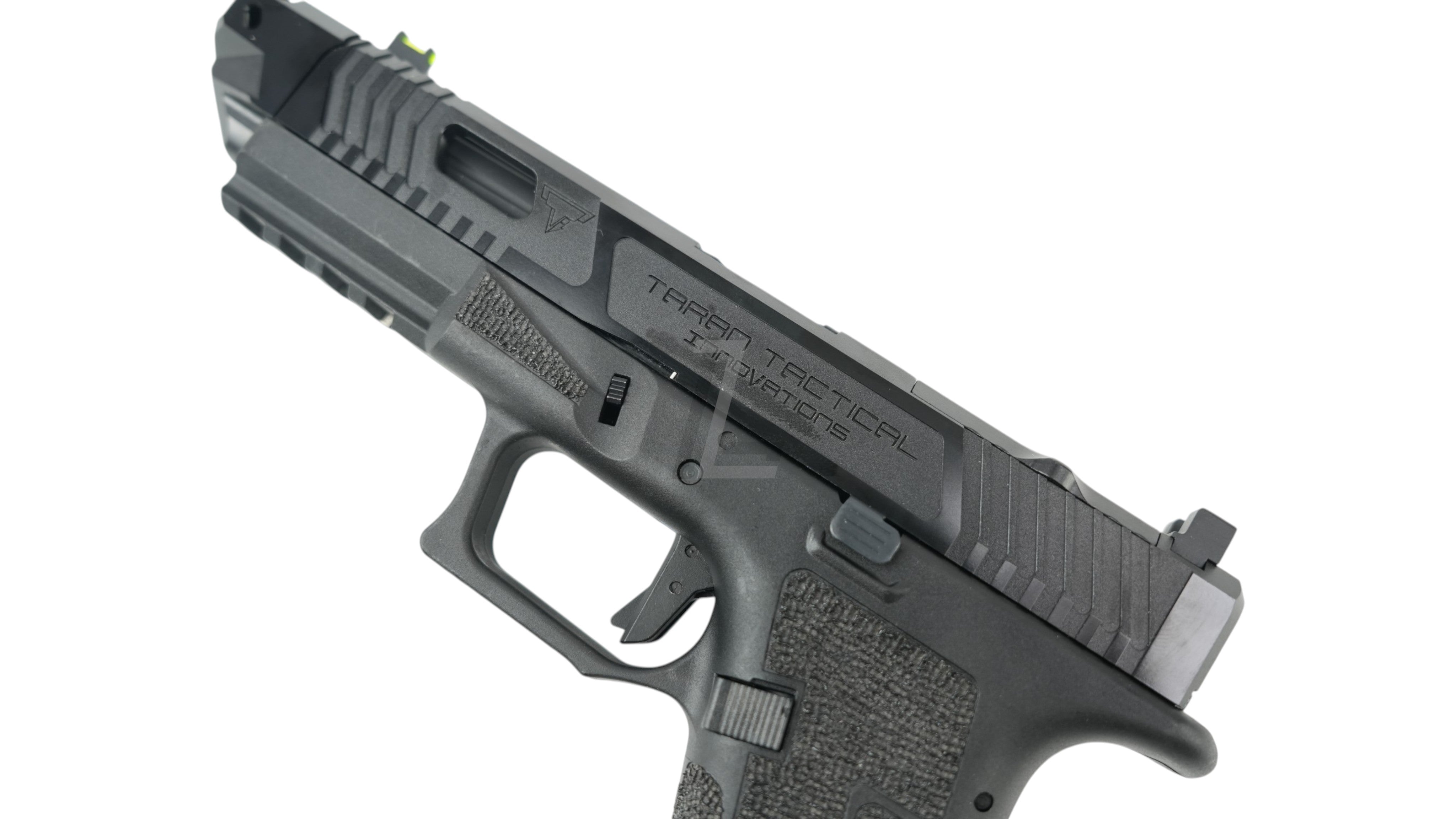 Landing Zone black Army Armament TTI Ballerina G17 GBB airsoft pistol with custom serrated slide and TTI markings
