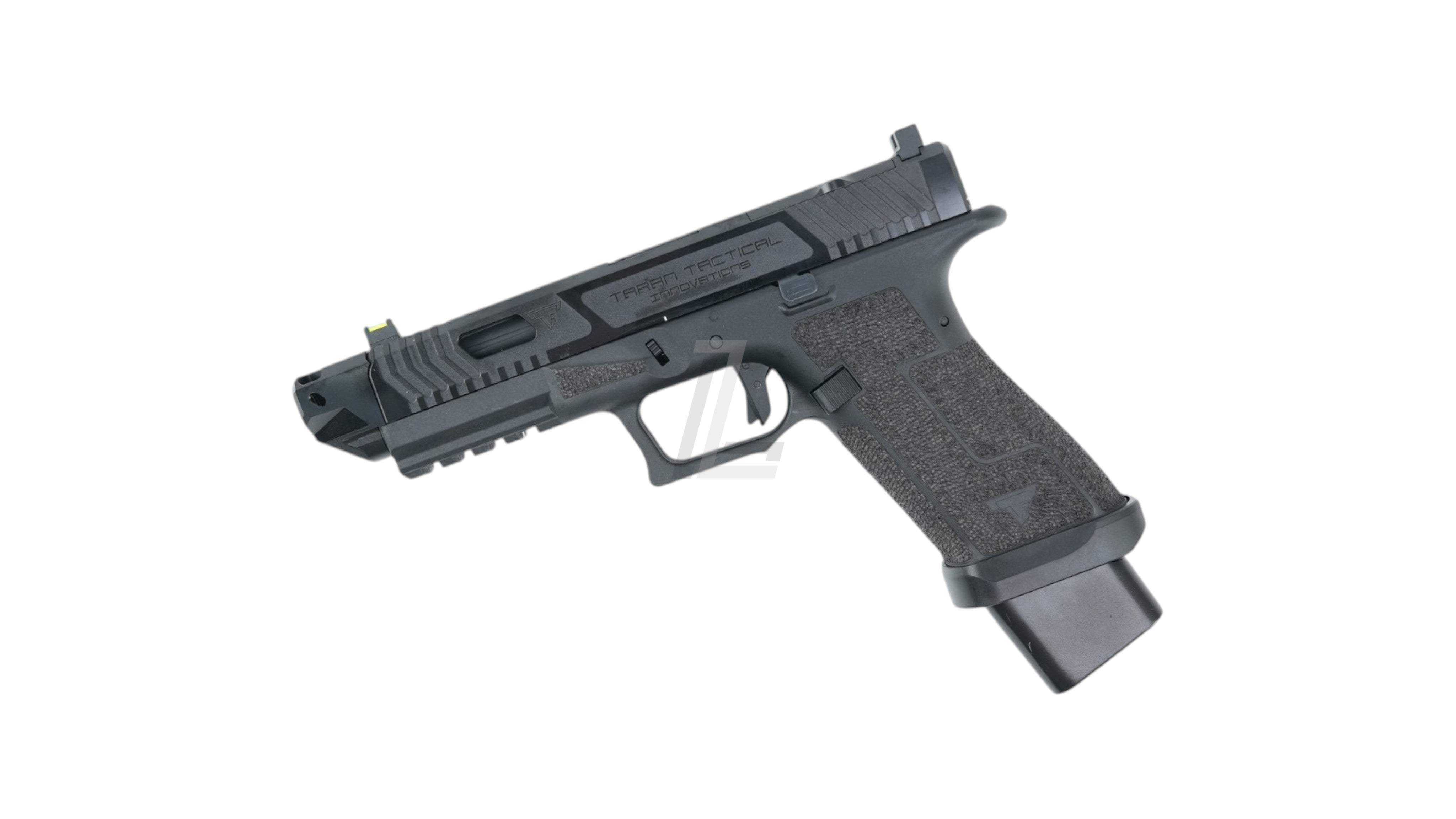Landing Zone black Army Armament TTI Ballerina G17 GBB airsoft pistol with custom slide serrations and textured grip