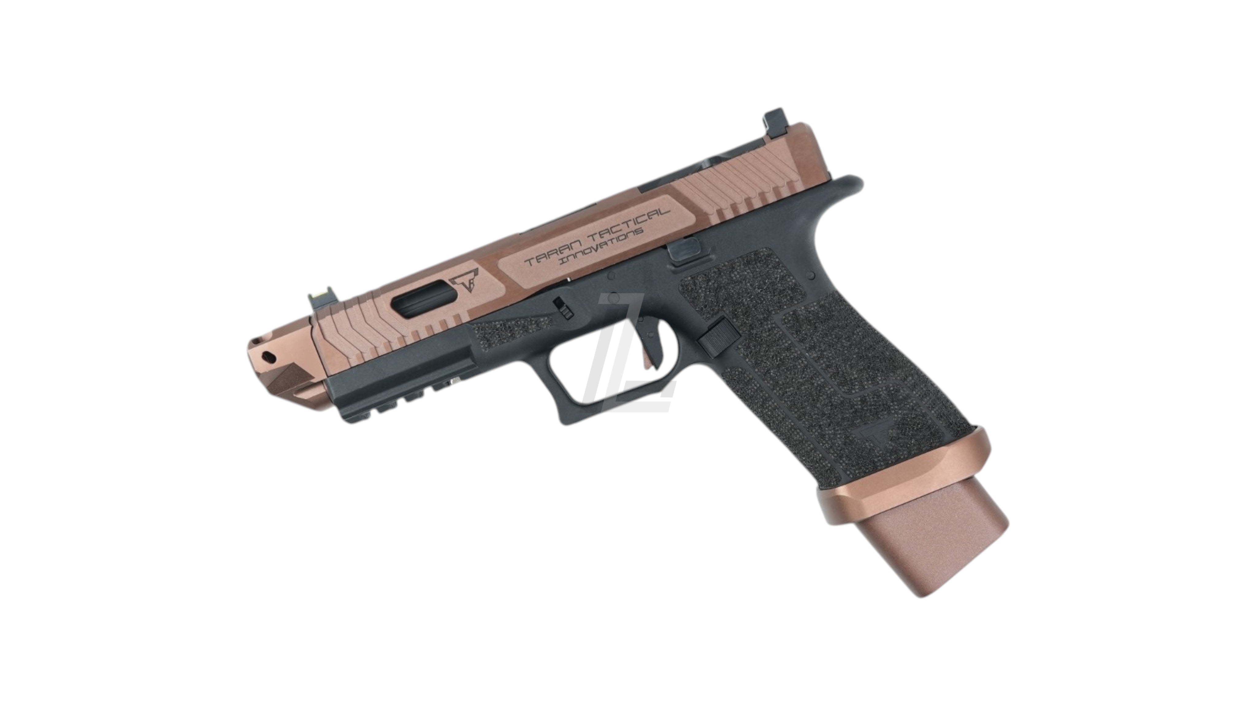 Landing Zone ARMY ARMAMENT TTI Ballerina G17 GBB airsoft pistol in bronze with custom slide cuts and stippled grip.