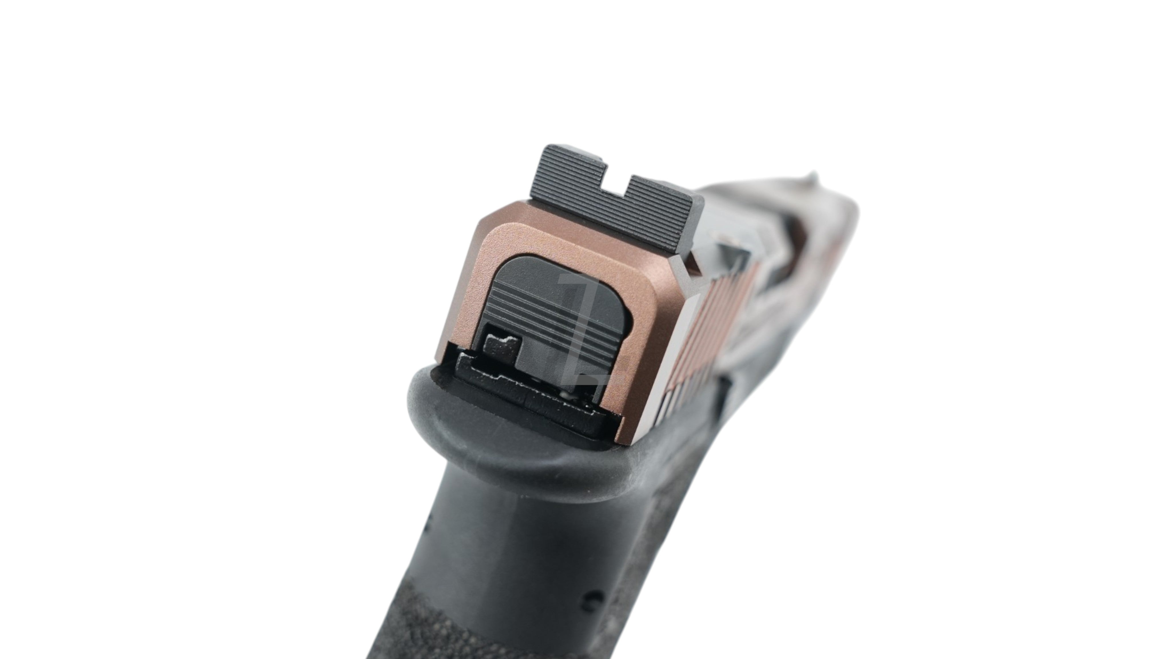 Landing Zone ARMY ARMAMENT TTI Ballerina G17 GBB airsoft pistol in bronze with rear sight detail