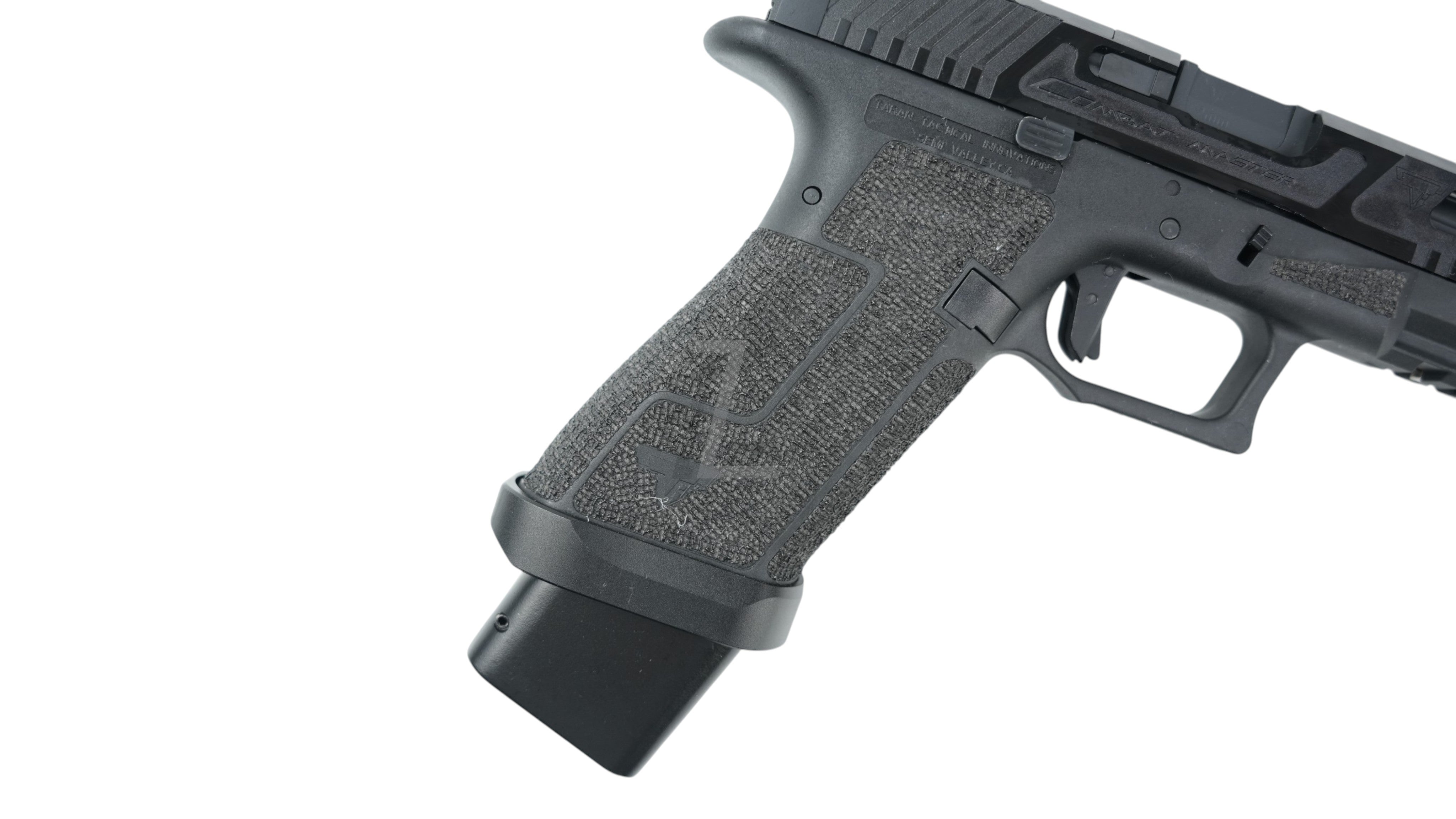 Landing Zone Army Armament TTI Ballerina G17 GBB airsoft pistol showing textured grip and magwell in black