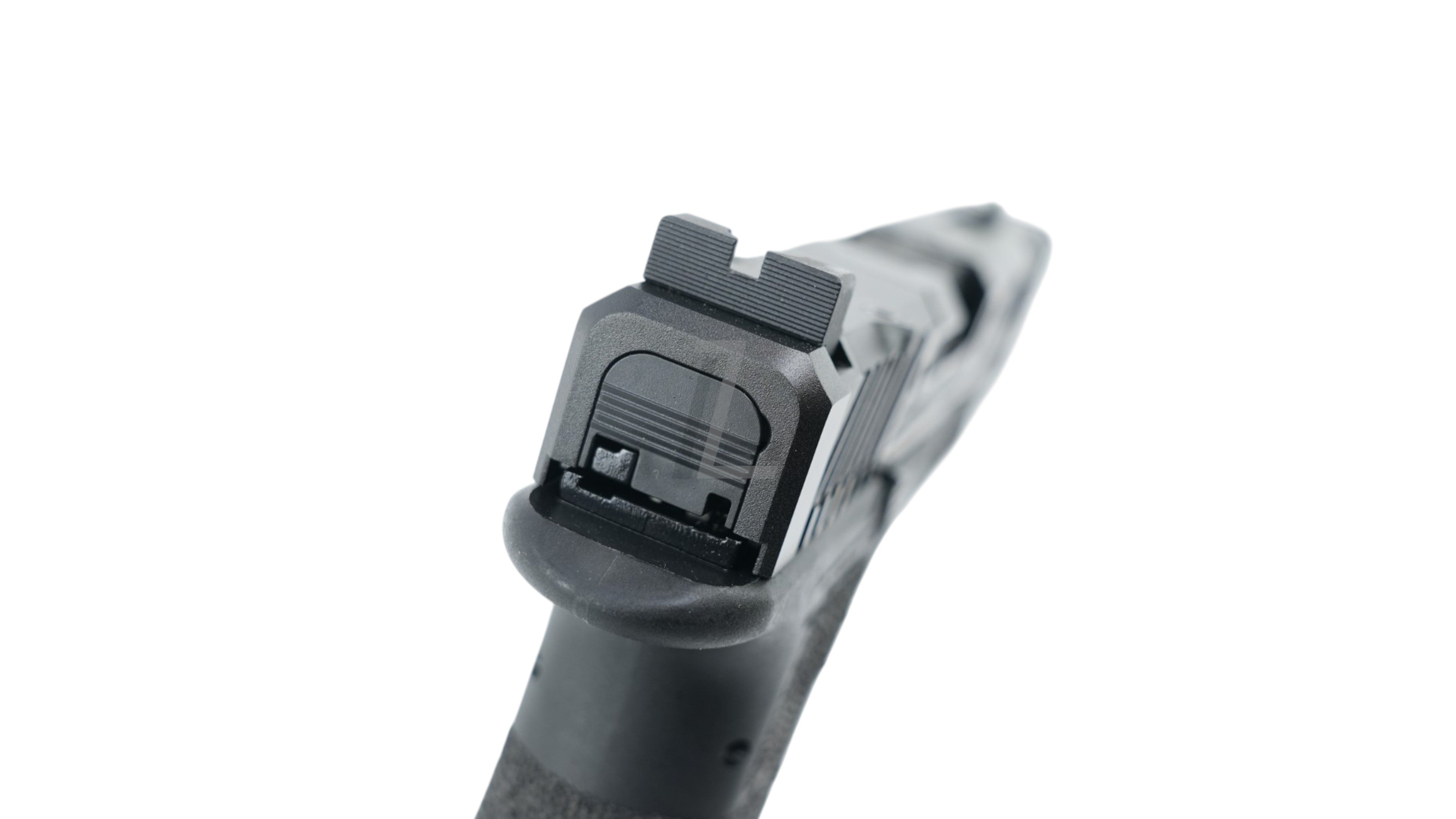 Landing Zone Army Armament TTI Ballerina G17 GBB airsoft pistol rear view showing iron sights and black slide
