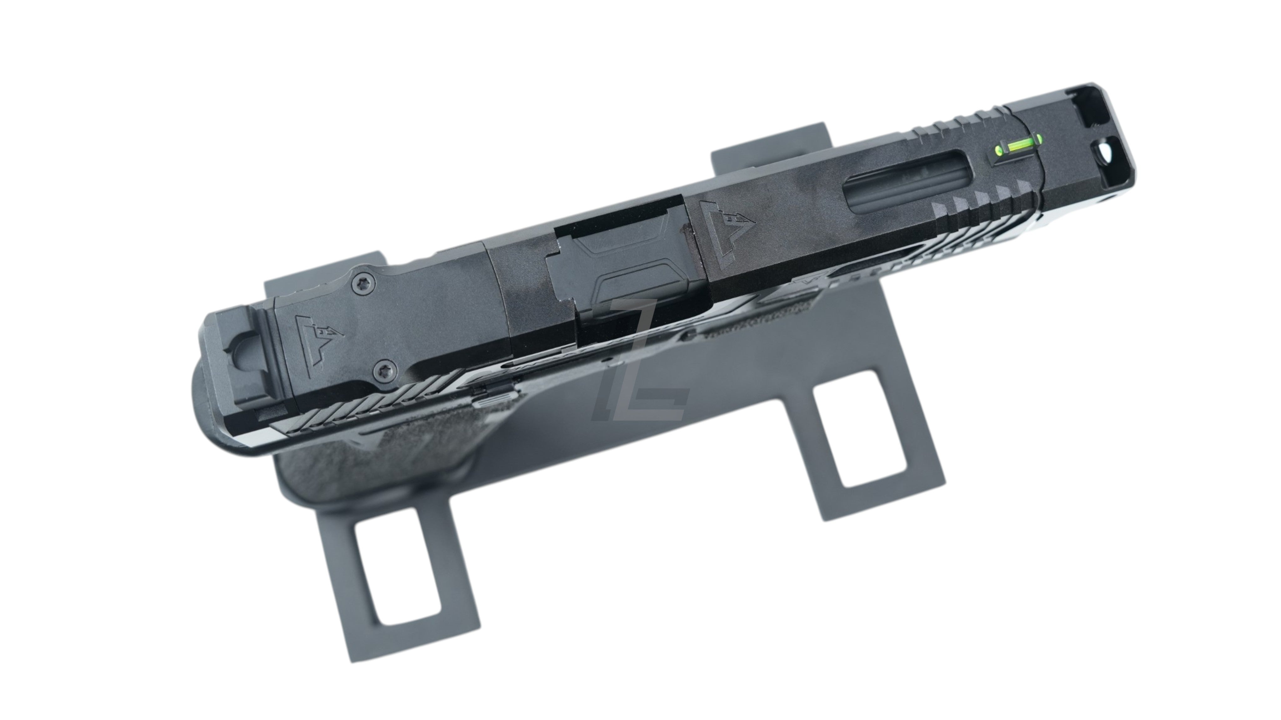 Landing Zone black Army Armament TTI Ballerina G17 GBB airsoft pistol top view with serrated slide and fiber optic sight
