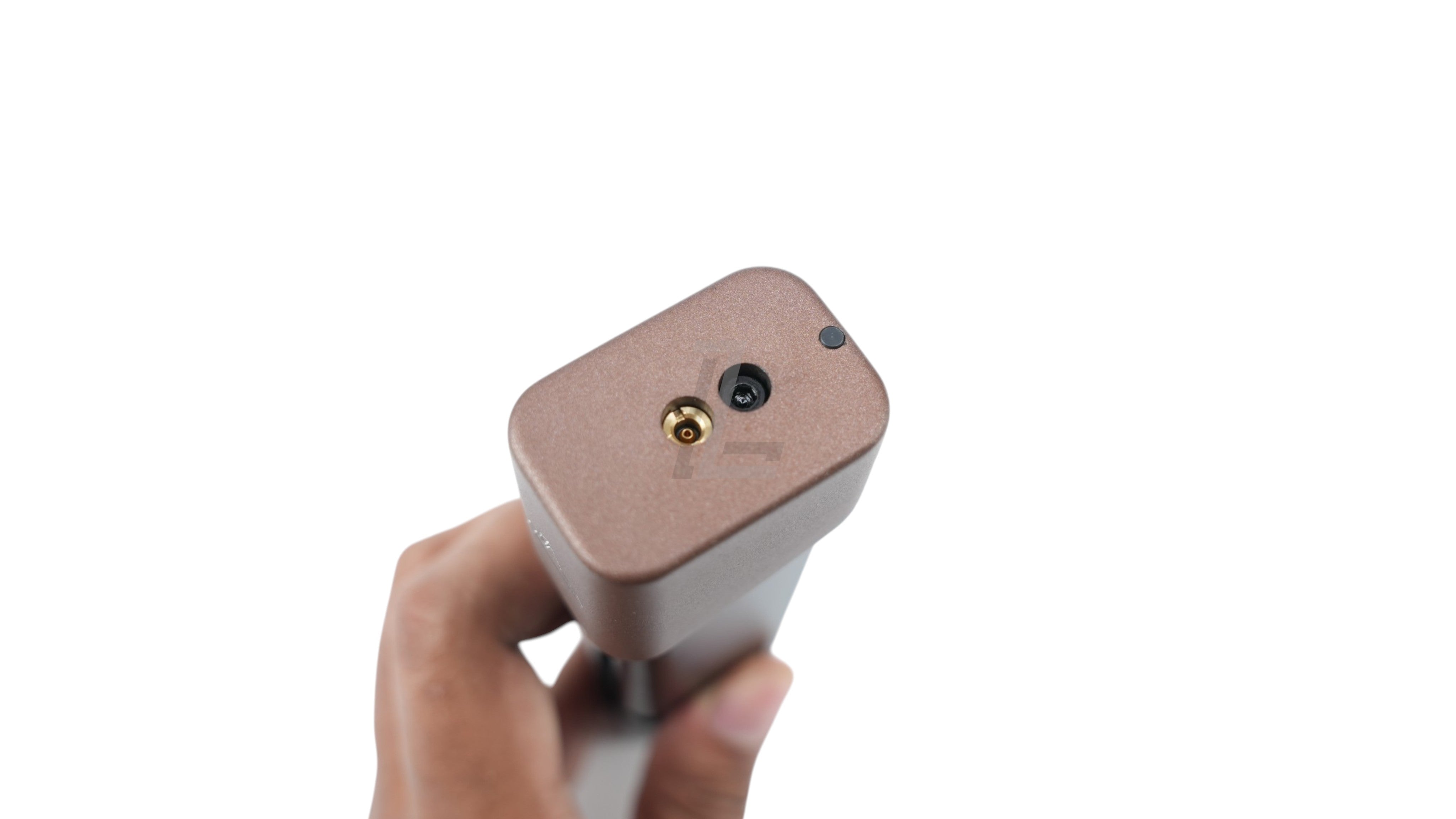 Landing Zone ARMY Ballerina R34 gas airsoft magazine in bronze, showing the base plate with gas fill valve.